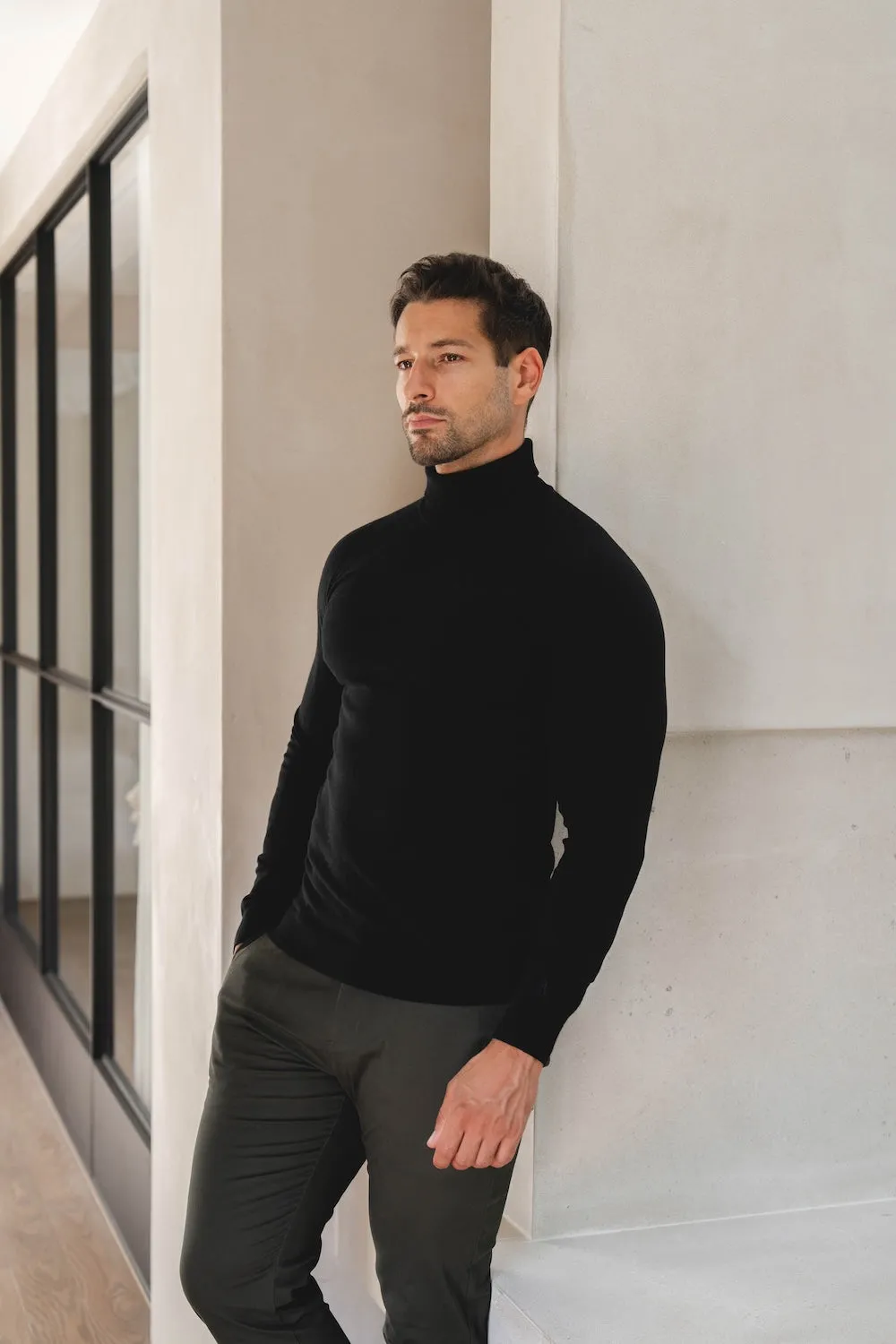Lightweight Composite Cotton Blend Roll Neck Sweater in Black
