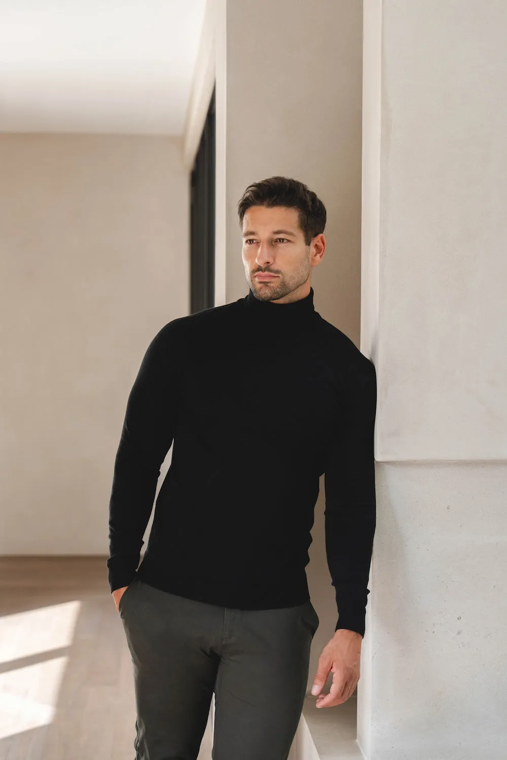 Cotton Blend Roll Neck Sweater in Black WrinkleFree Fabric