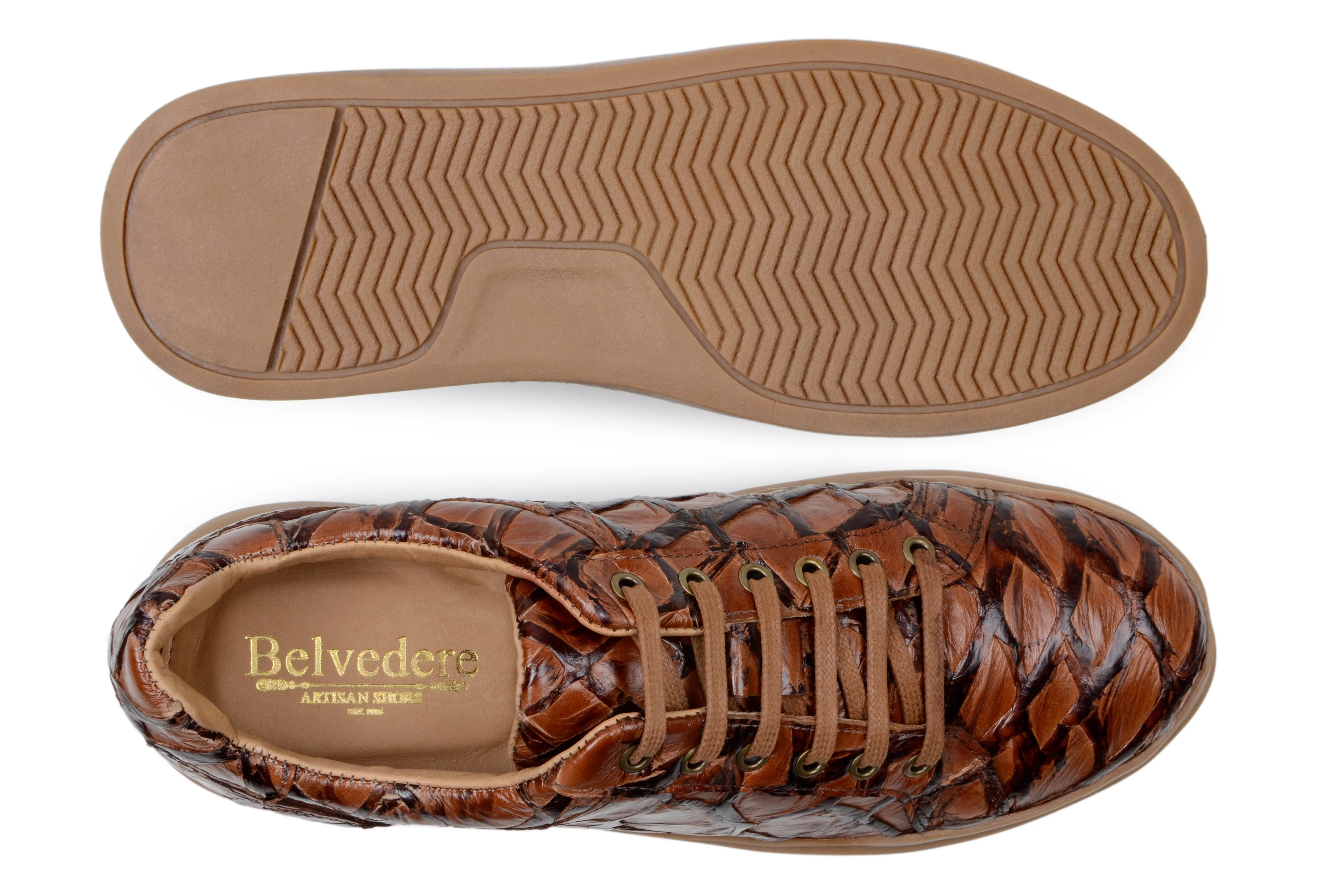 Multi Directional Flex Belvedere Kingstone Exotic Genuine Pirarucu Leather Sneakers in Antique Almond