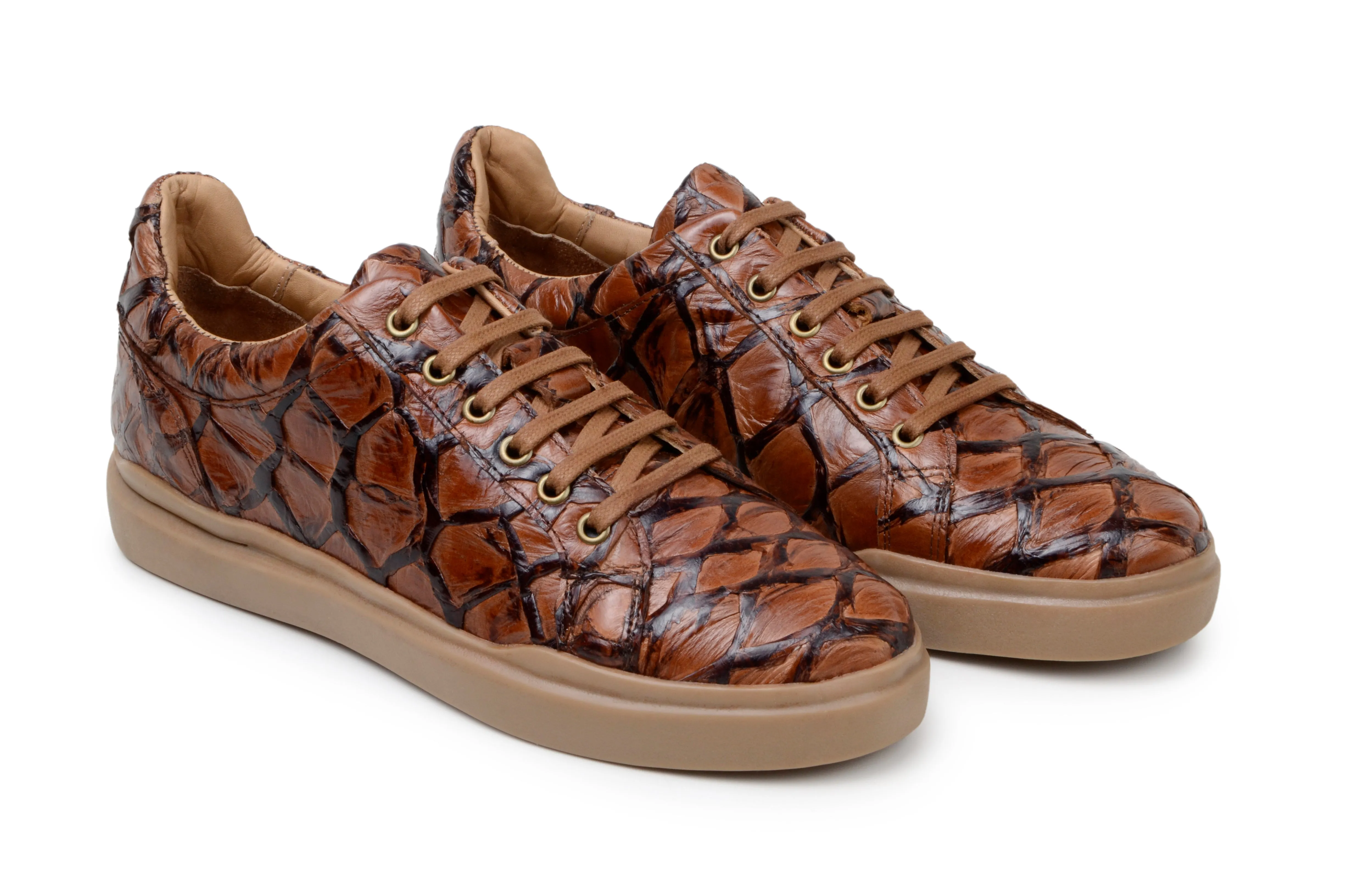 Vegan Leather Upper Belvedere Kingstone Exotic Genuine Pirarucu Leather Sneakers in Antique Almond