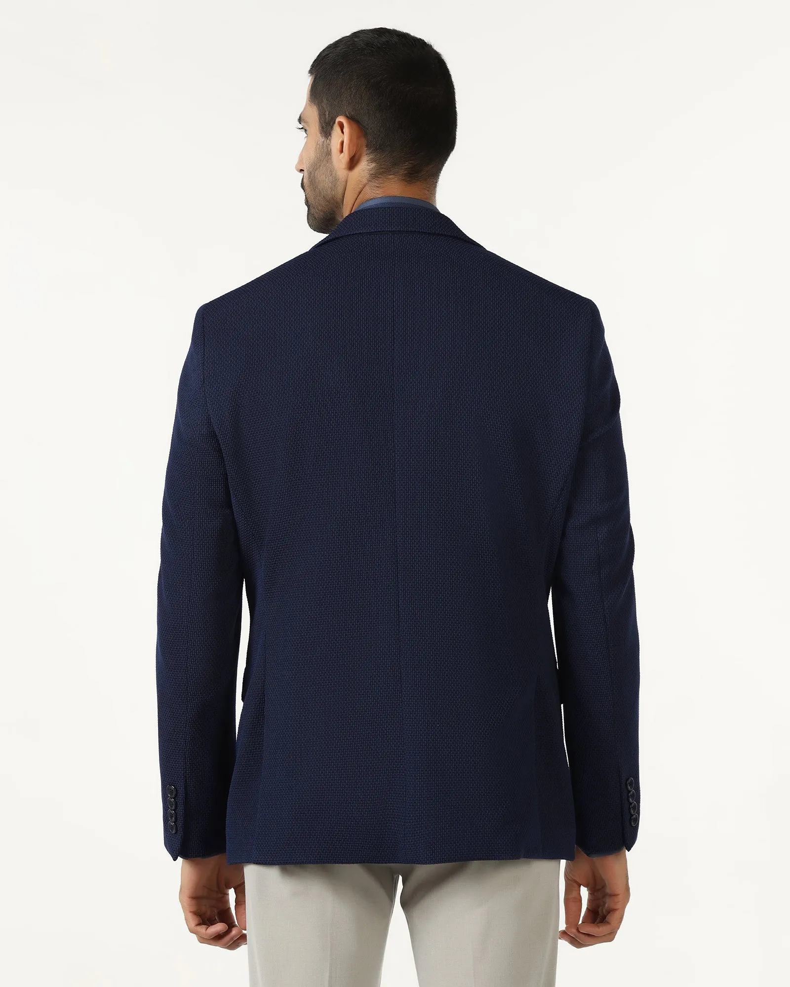 Navy Textured Blazer - Campari Effortless Layer snap closure
