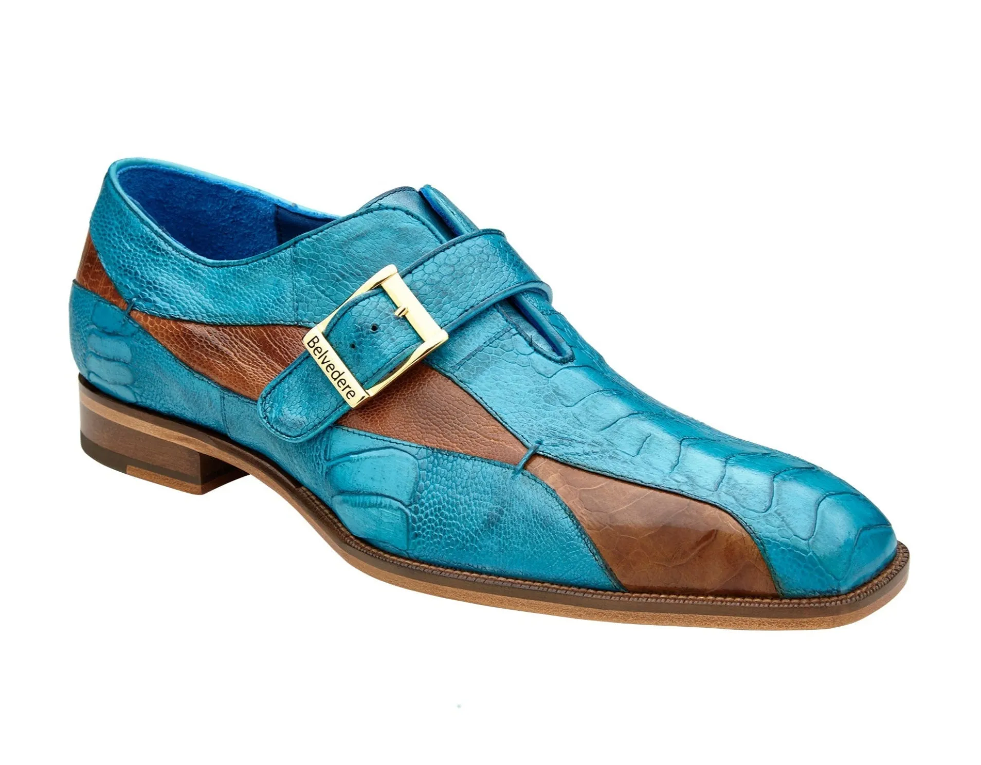 Belvedere Marte Monk Strap Shoes in Antique Ocean & Brandy Genuine Ostrich Queen Fit Beauty Walk