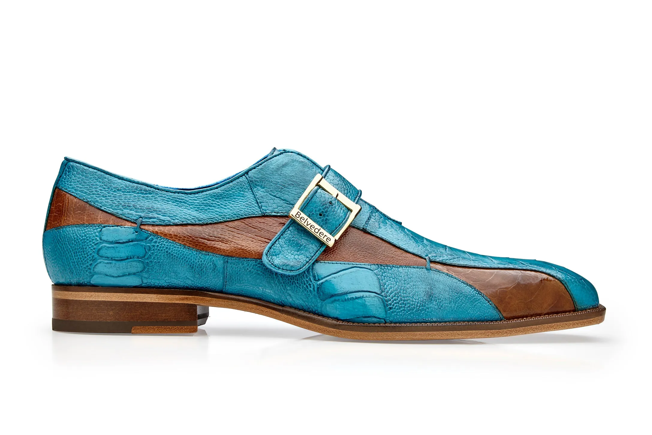 Belvedere Marte Monk Strap Shoes in Antique Ocean & Brandy Genuine Ostrich Chic Cool