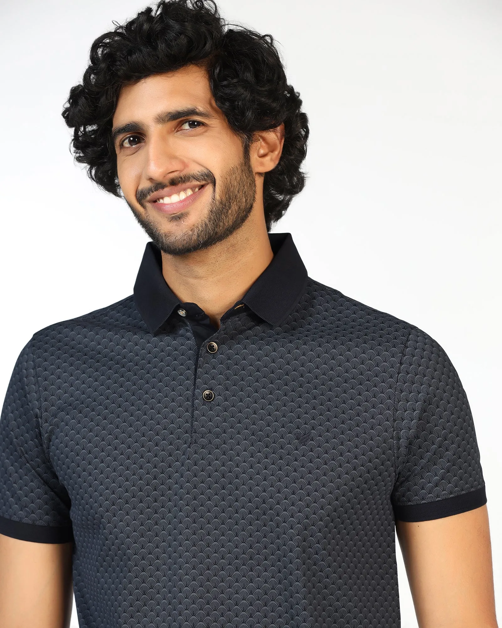 Charcoal Abstract Print Polo - Deco Sporty Look