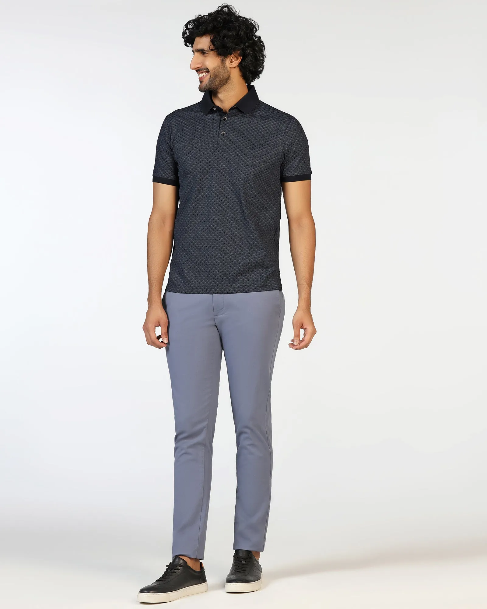 Layered Collar Structure Relaxed Layer Charcoal Abstract Print Polo - Deco