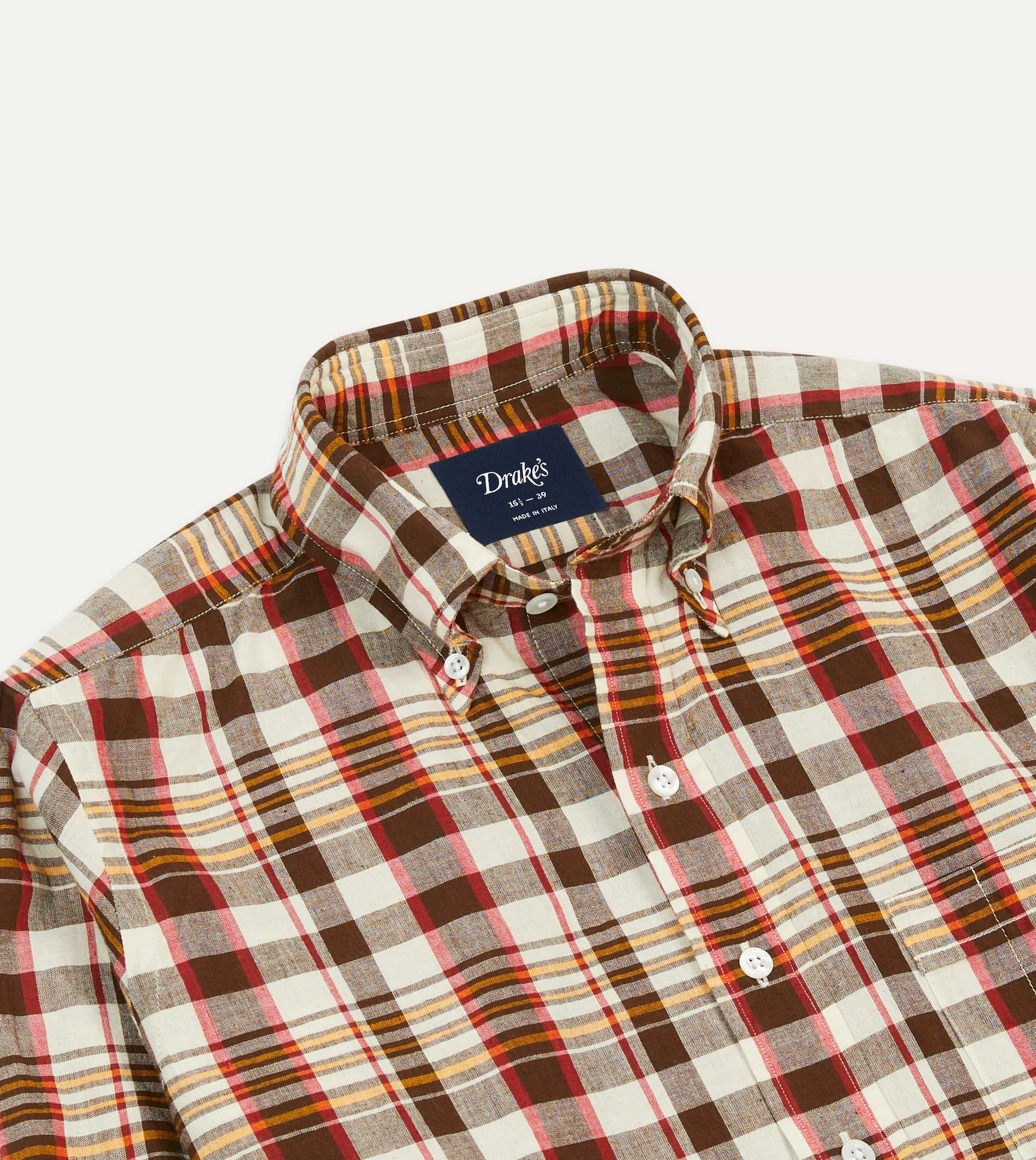 Brown and Red Madras Check Cotton Button-Down Shirt Polished Style Multi Functional Pockets