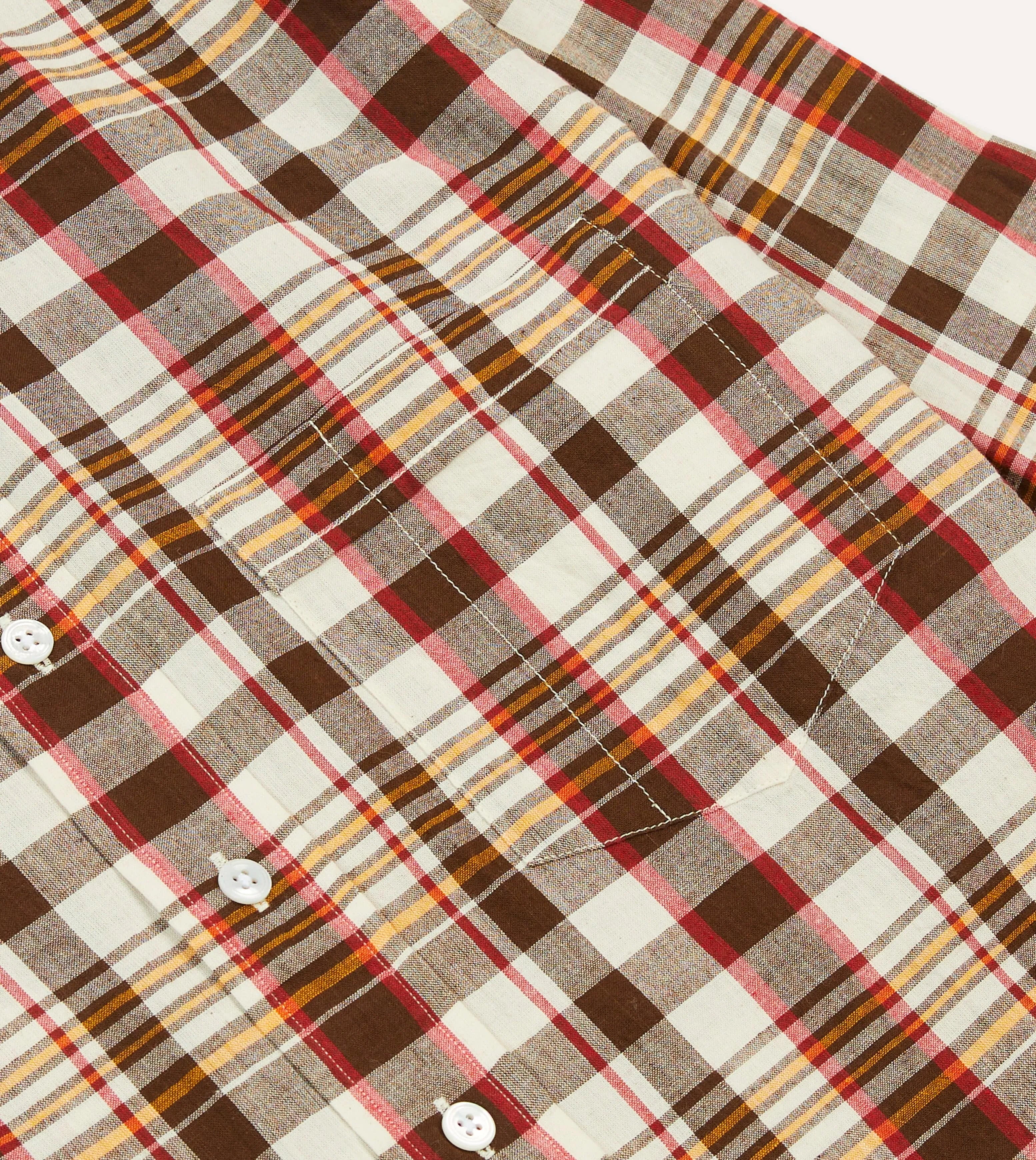 Stylish Detail Breathable fabric Brown and Red Madras Check Cotton Button-Down Shirt