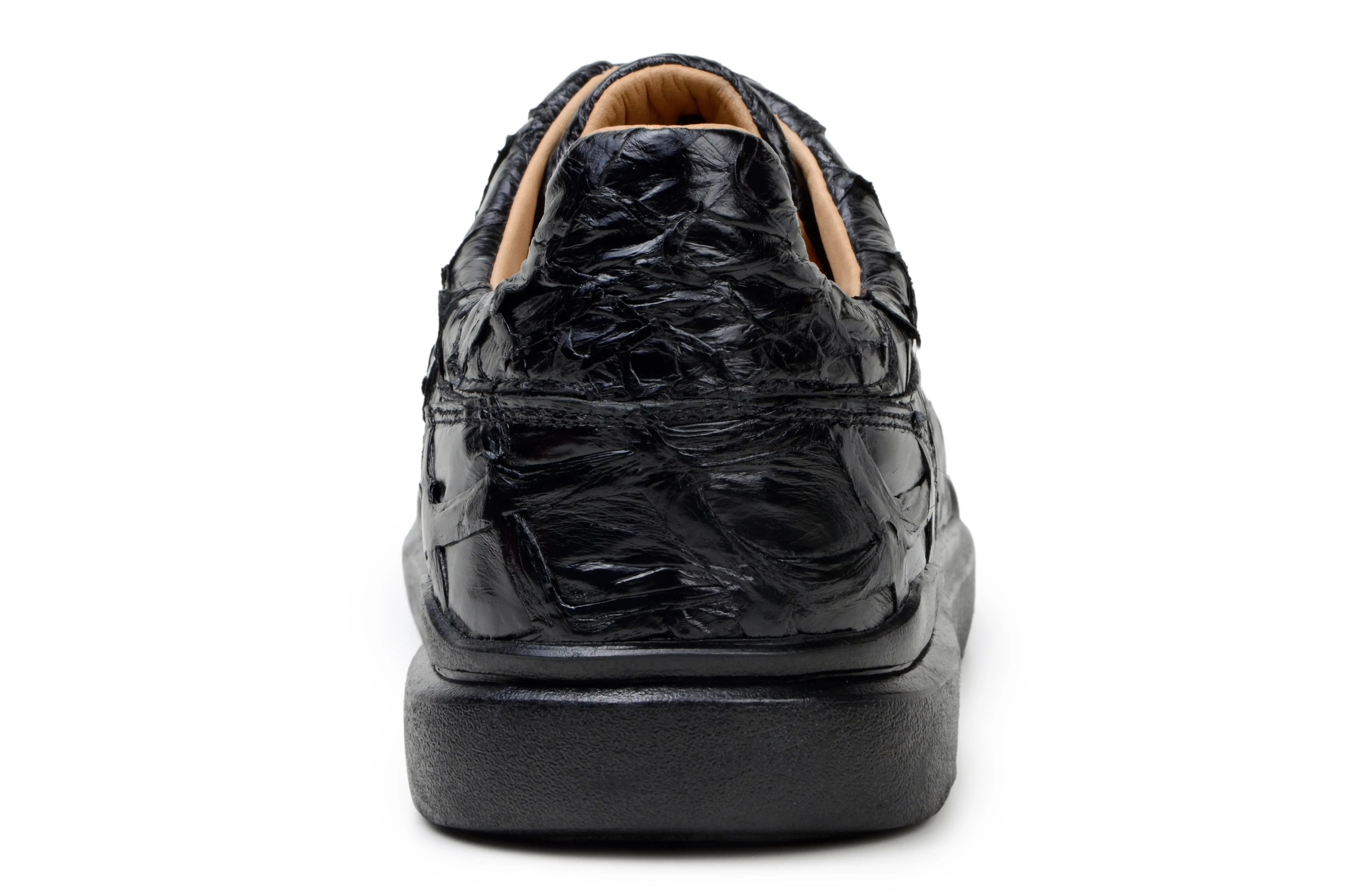 Square Toe Design Push Step Belvedere Kingstone Exotic Genuine Pirarucu Leather Sneakers in Black