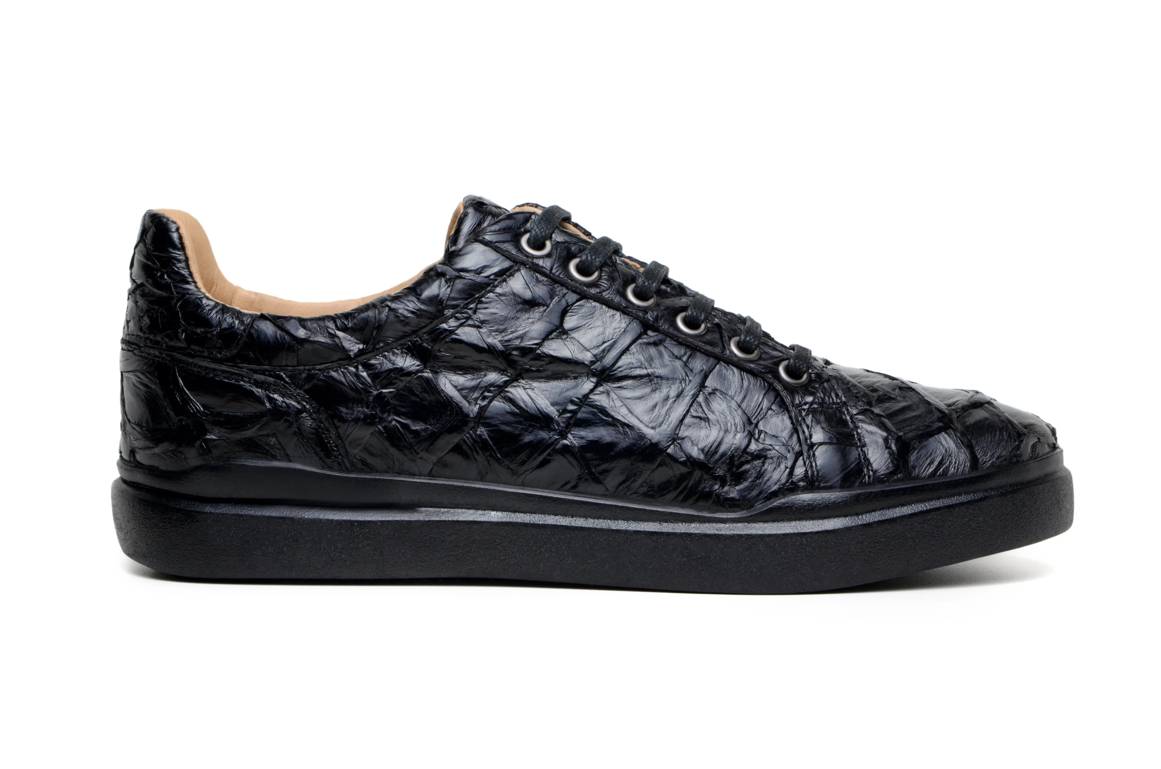 Modern Pace Smooth Design Belvedere Kingstone Exotic Genuine Pirarucu Leather Sneakers in Black