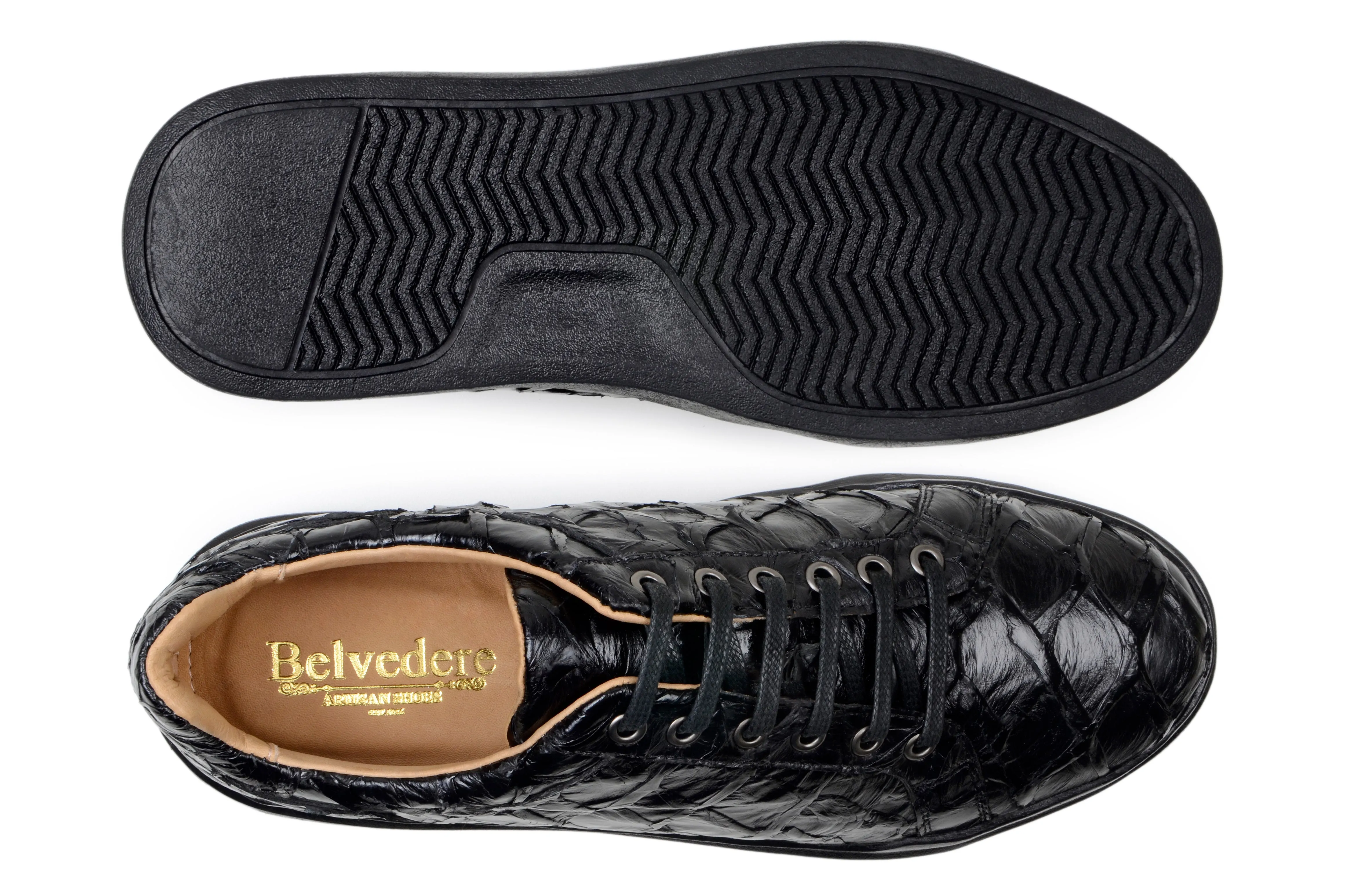 Belvedere Kingstone Exotic Genuine Pirarucu Leather Sneakers in Black Simple Fit