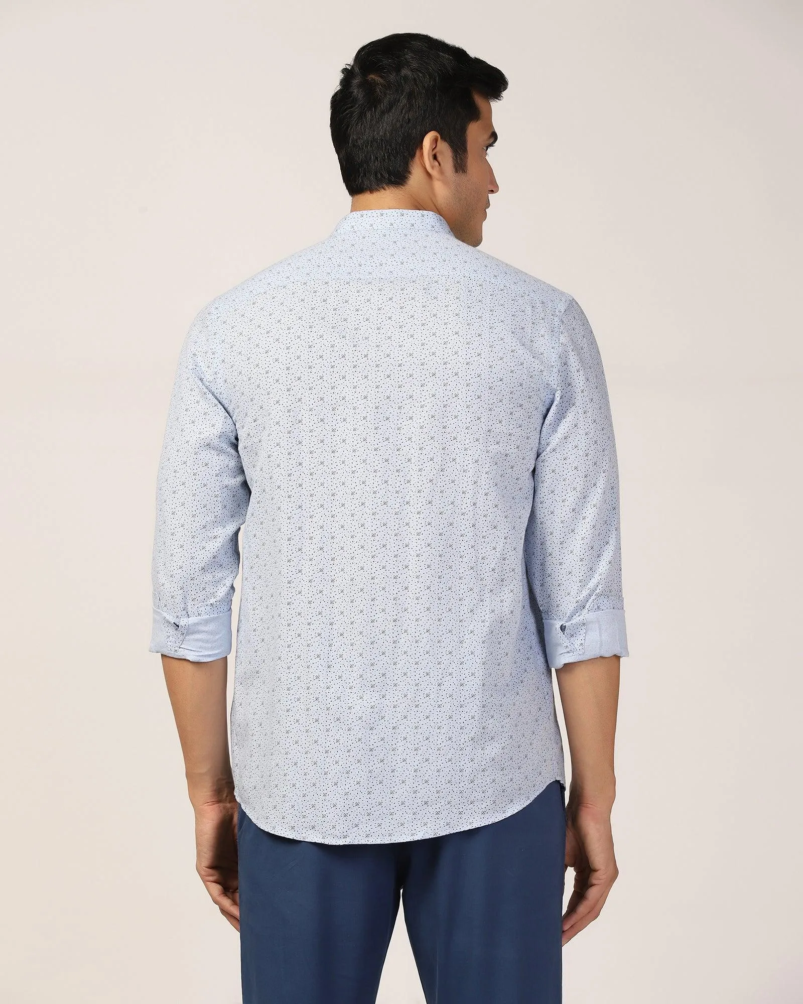Linen Casual Blue Printed Shirt - Leaf Double Needle Hemming