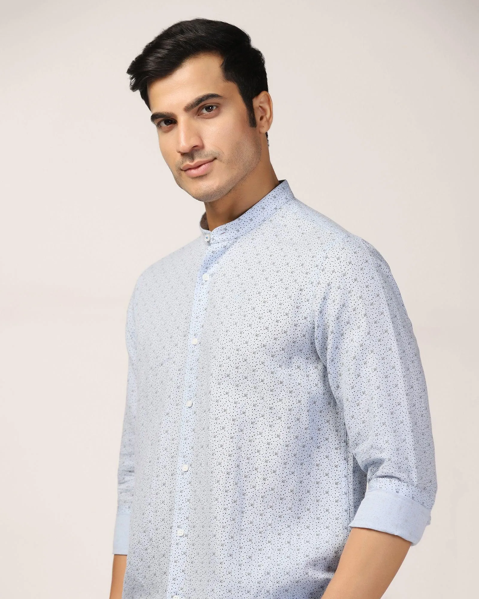 Linen Casual Blue Printed Shirt - Leaf formal dinner All-Ages Fit