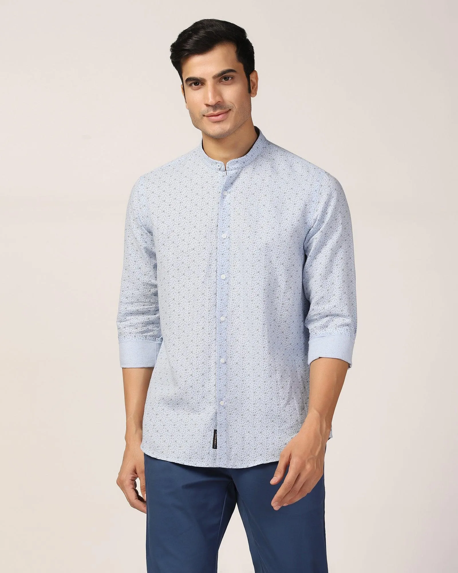 Linen Casual Blue Printed Shirt - Leaf Smooth Cotton Blend Bamboo Fiber Blend