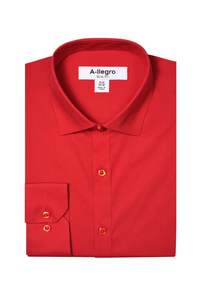 Stretchable Fabric Men's Basic Slim Fit Dress Shirt in Red - Full Button Up with Standard Collar
