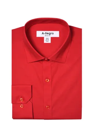 Stretchable Fabric Men's Basic Slim Fit Dress Shirt in Red - Full Button Up with Standard Collar