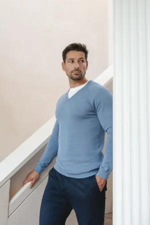 Pure Cotton Knitted V-Neck Sweater in Airforce Blue DoubleLayerReinforcement DoubleStitchReinforcement