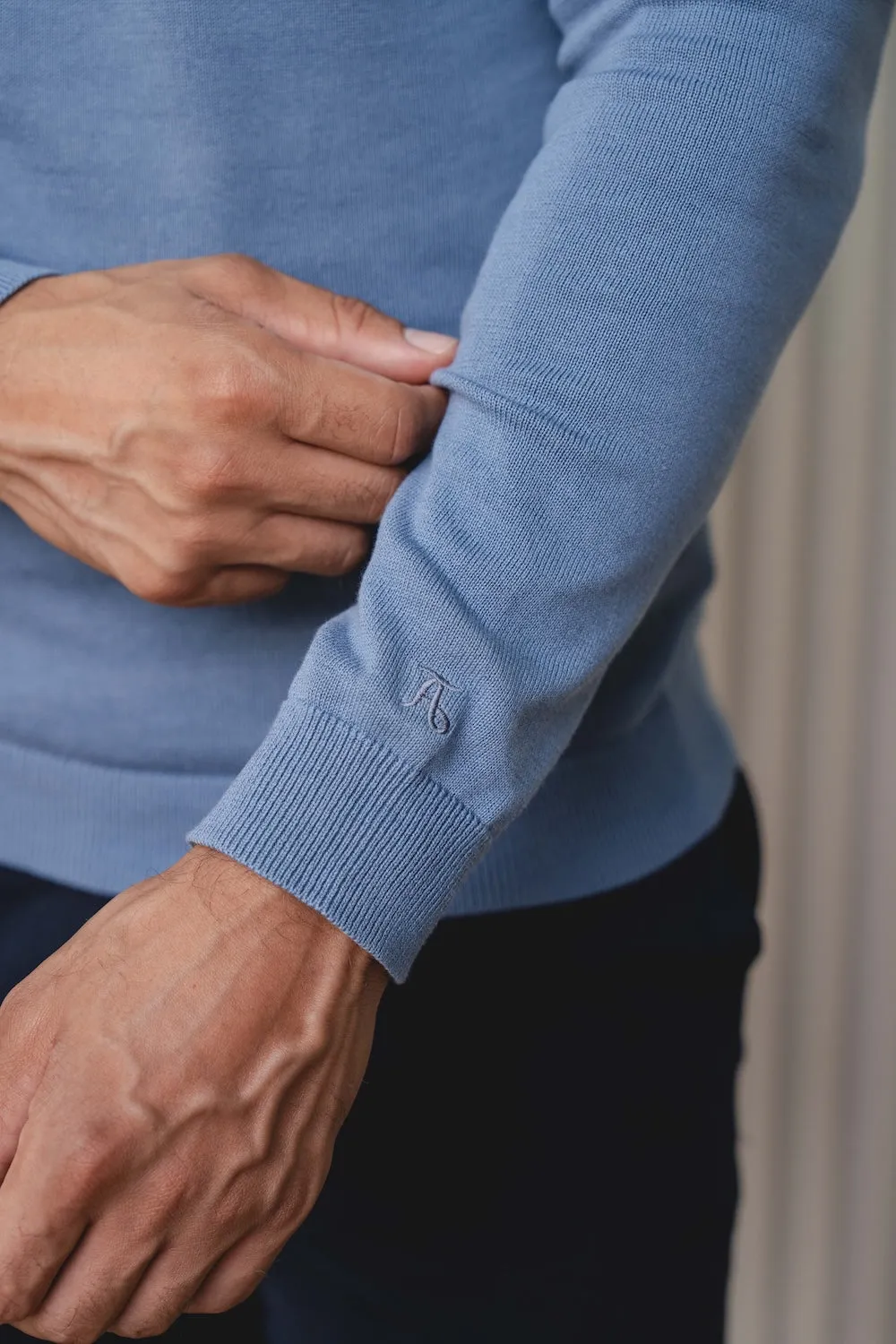 Summer Skirt Cool Sweater Pure Cotton Knitted V-Neck Sweater in Airforce Blue