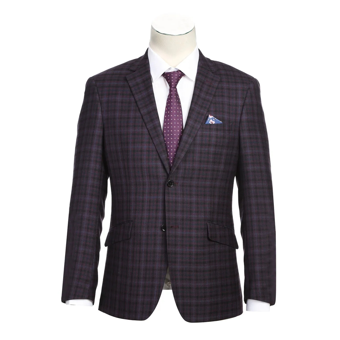 Alessandro Vitello by Renoir Slim Fit Wool Blend Checked Dark Blue Blazer 563-9 Sustainable Recycled Material