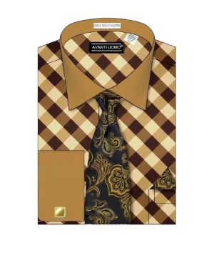 Durable Thread Construction AVANTI UOMO DIAGONAL BLOCK CHECK W/ BODY TONE COLLAR CUFF DN100M BROWN