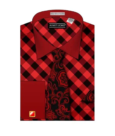 Flatlock stitching Glossy Texture AVANTI UOMO DIAGONAL BLOCK CHECK W/ BODY TONE COLLAR CUFF DN100M RED