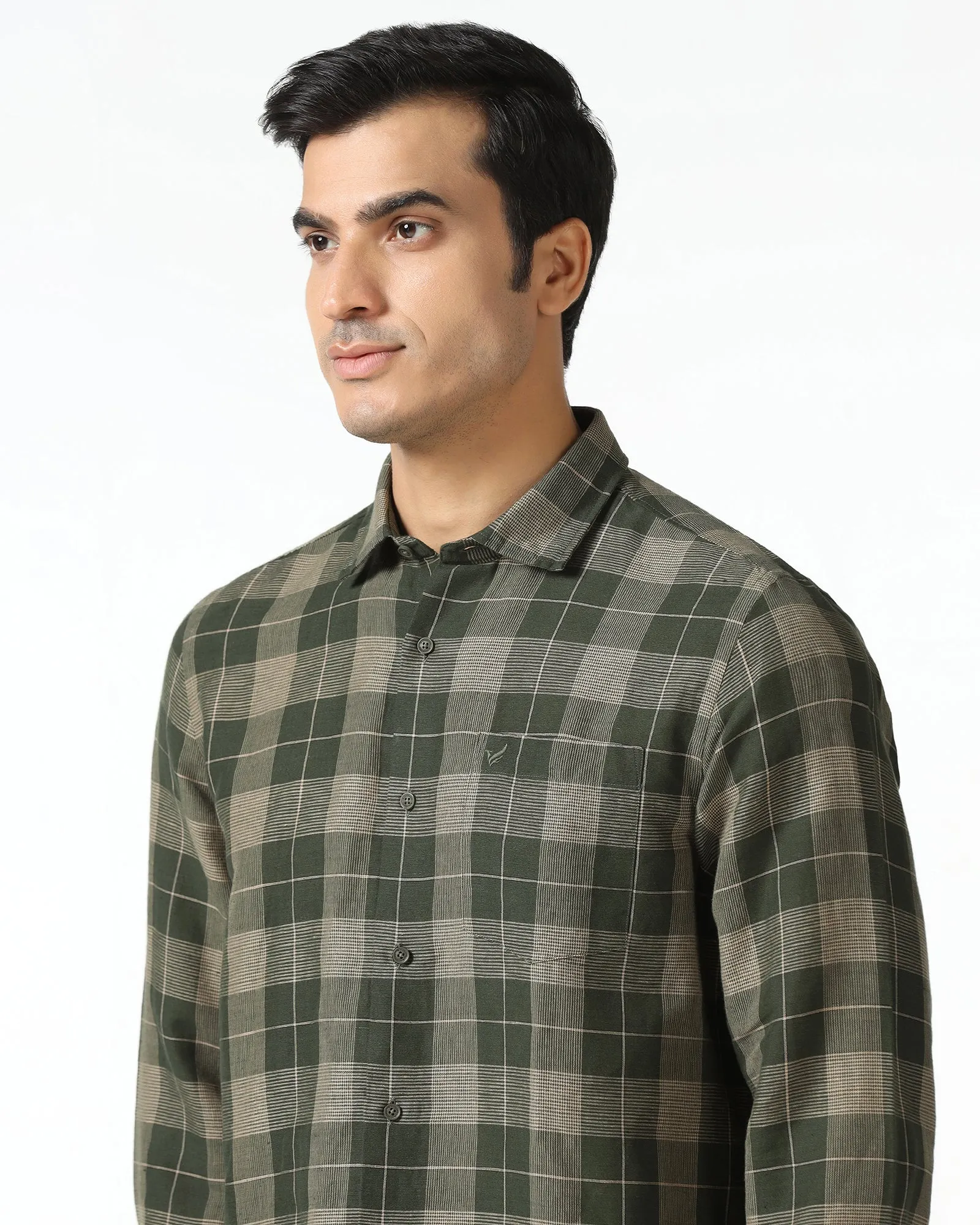 Anti Pill Technology Layered Sleeve Cuffs Olive Linen Check Shirt - Merik