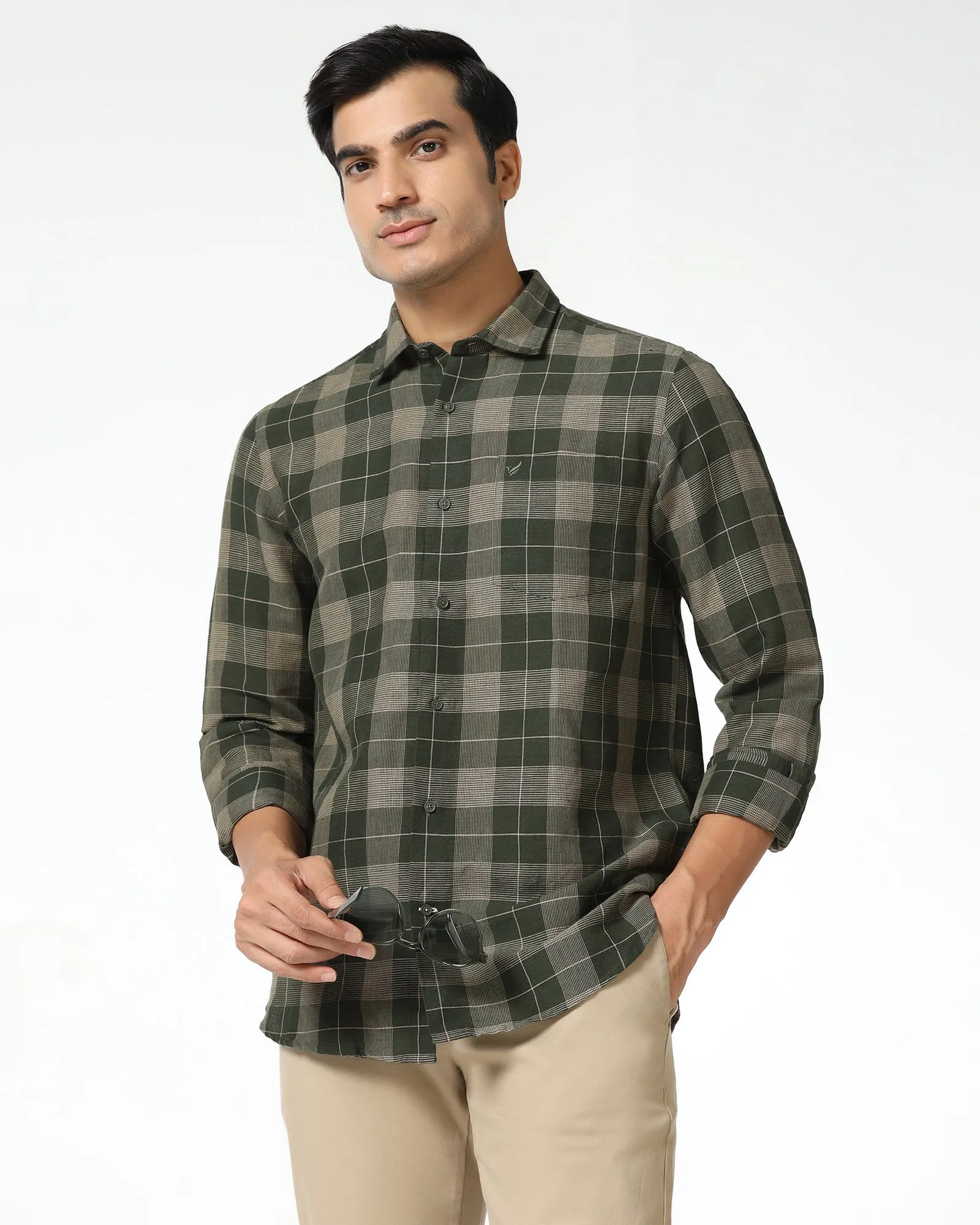youth trend Olive Linen Check Shirt - Merik