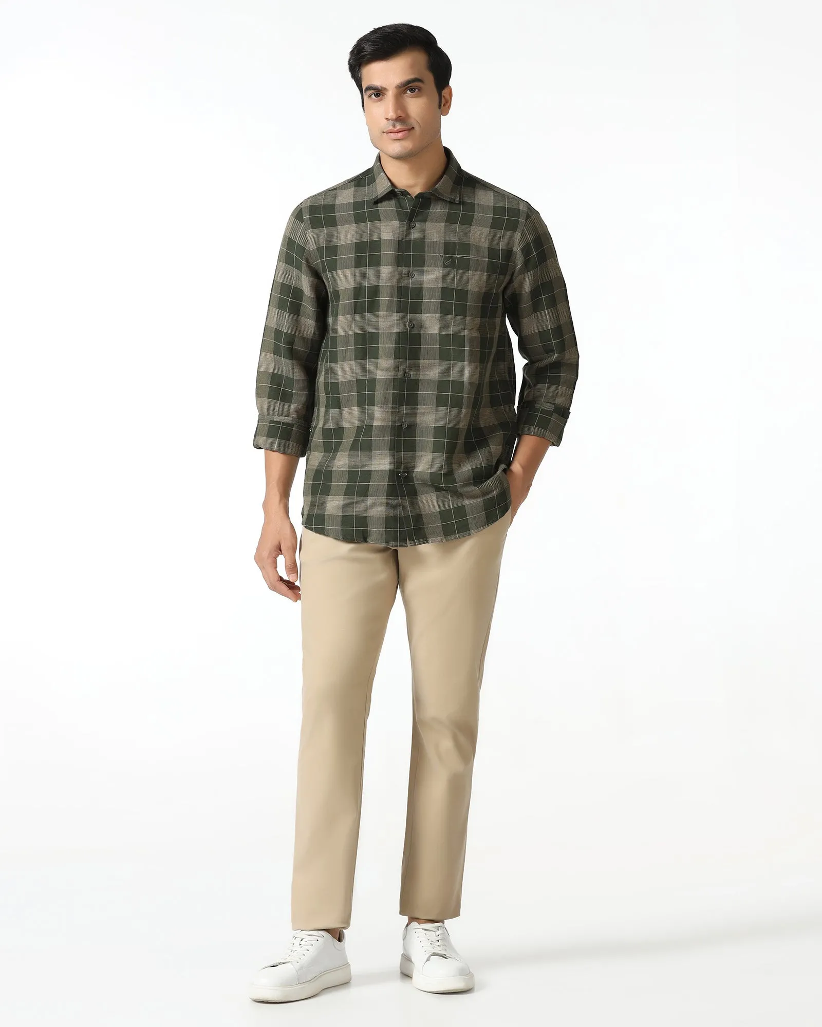 Cozy Feel Olive Linen Check Shirt - Merik
