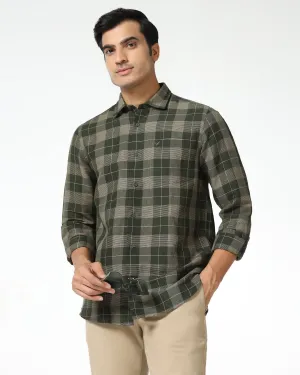 youth trend Olive Linen Check Shirt - Merik