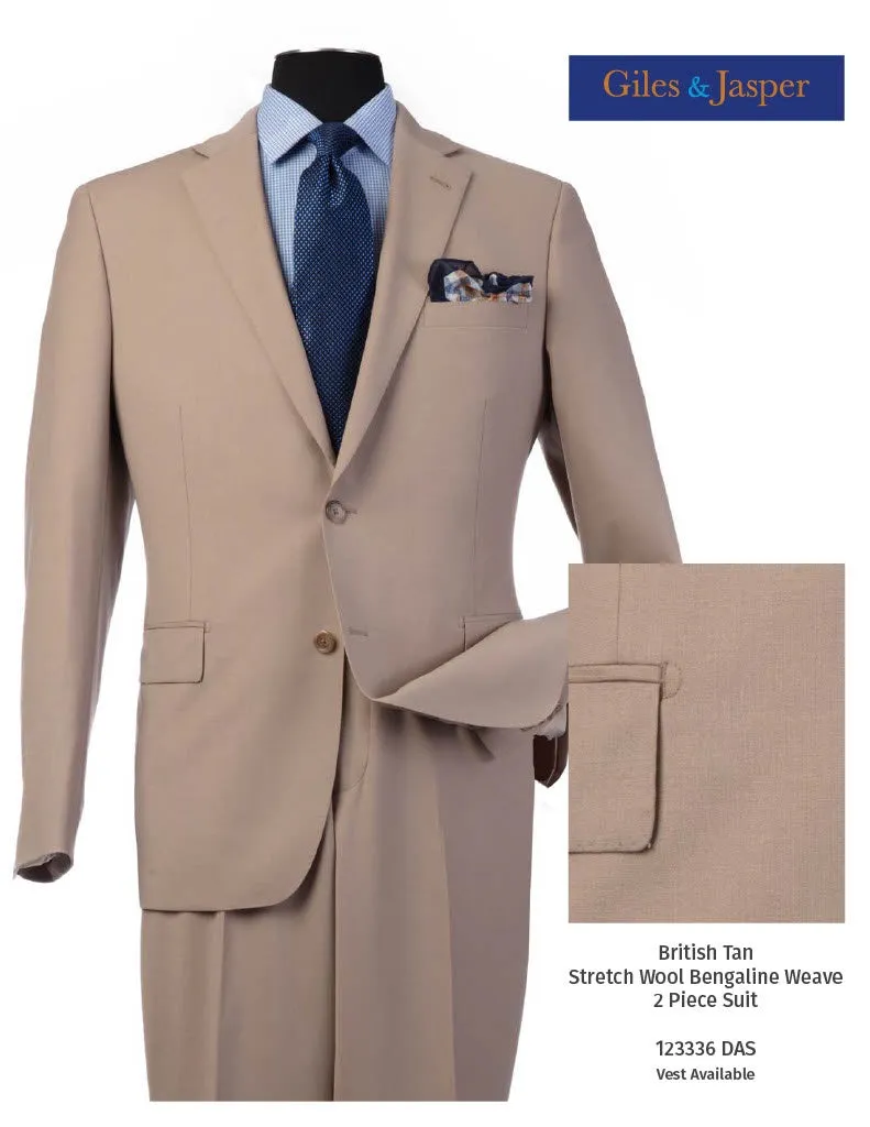 Giles & Jasper Suit W/Optional Vest Super 100's wool with Stretch in British Tan Magnetic Closure Options