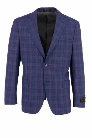 Plaid Design Tiglio Luxe Blue with Light Red Windowpane Dolcetto Modern Fit, Pure Wool Jacket TL4038