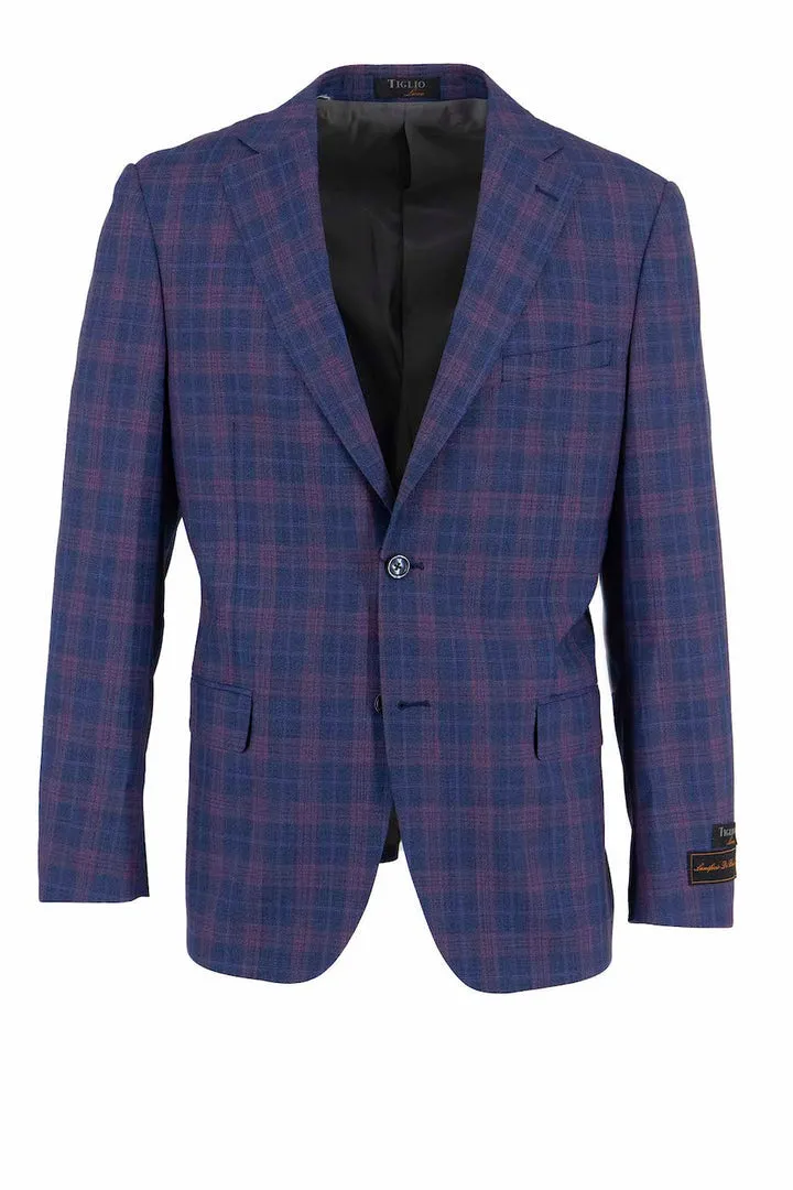Plaid Design Tiglio Luxe Blue with Light Red Windowpane Dolcetto Modern Fit, Pure Wool Jacket TL4038