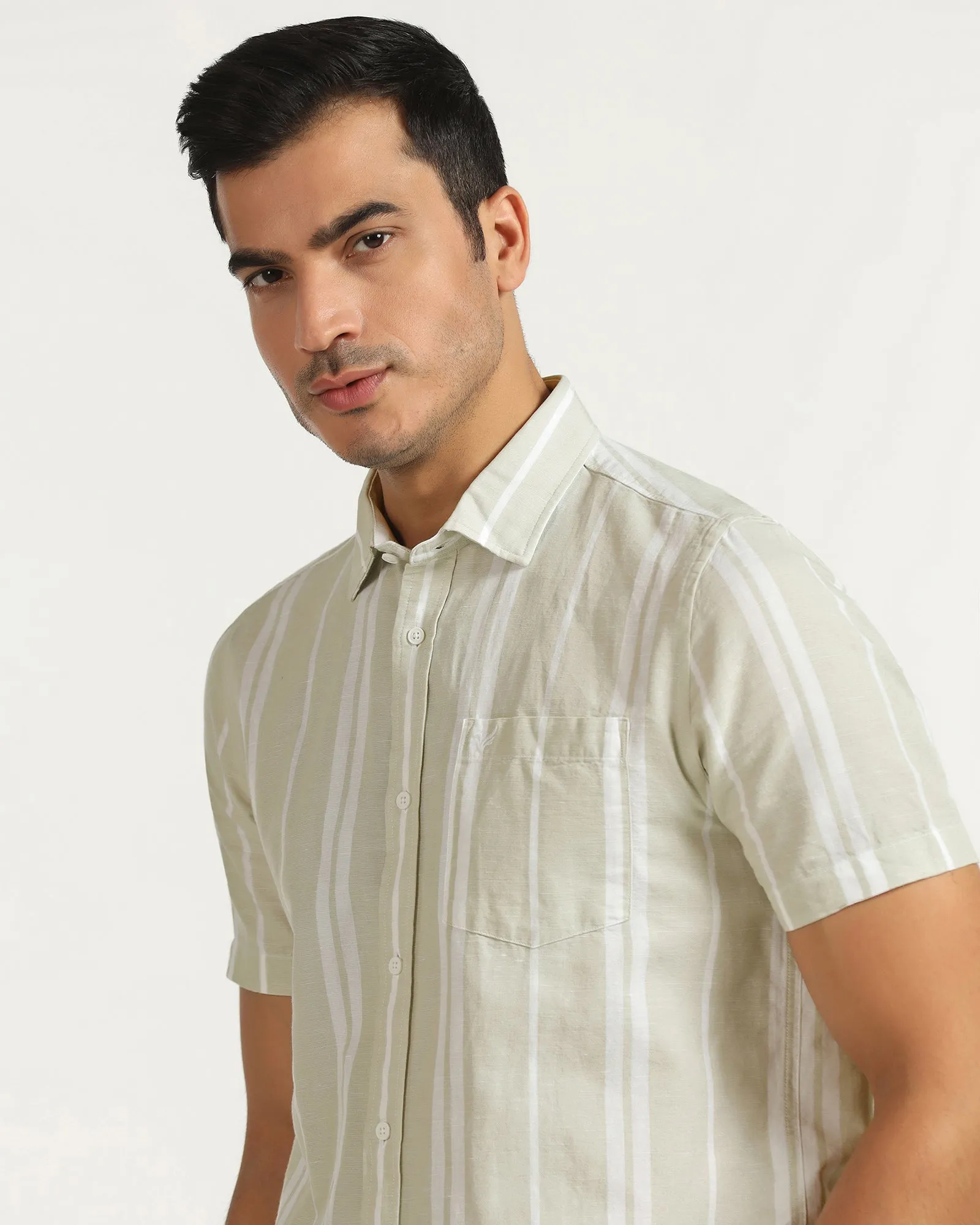 Cocktail Party Streetwear Linen Casual Half Sleeve Pistachio Stripe Shirt - breton