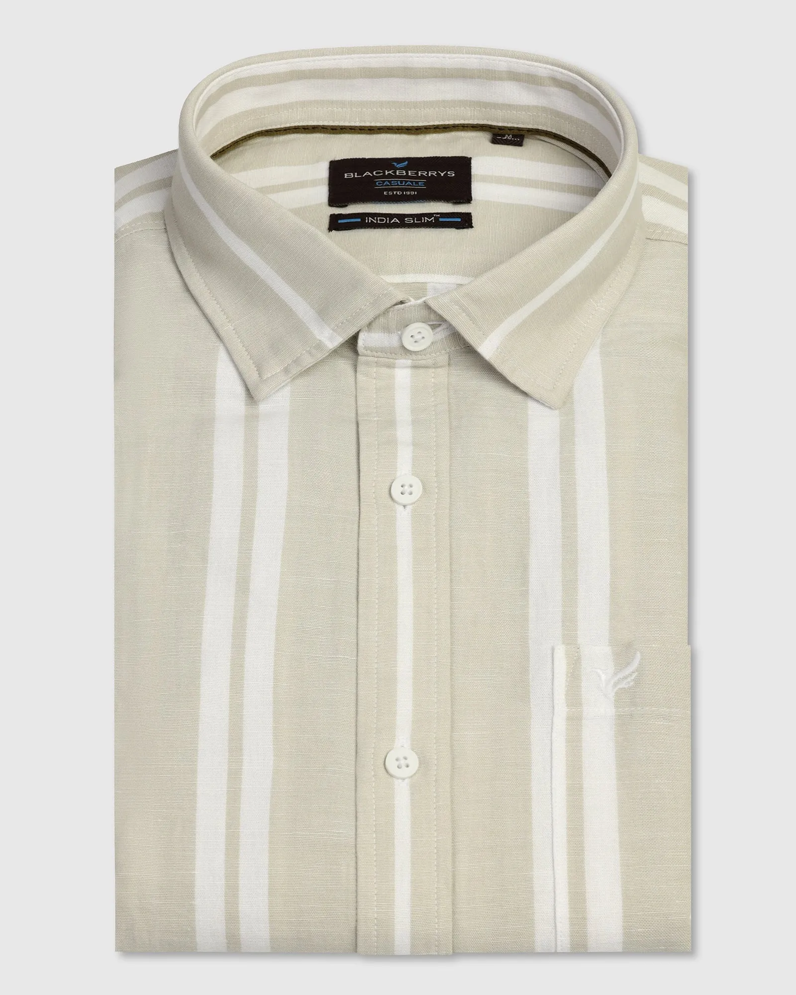 All-day Comfort Linen Casual Half Sleeve Pistachio Stripe Shirt - breton