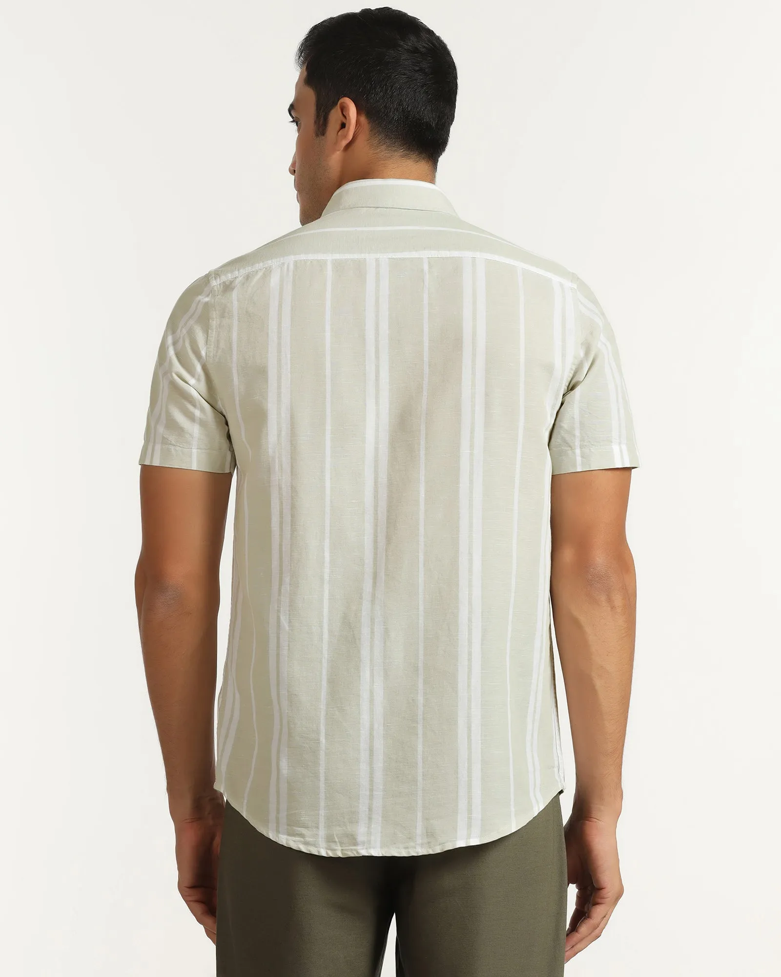 Multi Pocket Utility Linen Casual Half Sleeve Pistachio Stripe Shirt - breton