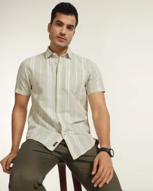 Stylish Design Linen Casual Half Sleeve Pistachio Stripe Shirt - breton