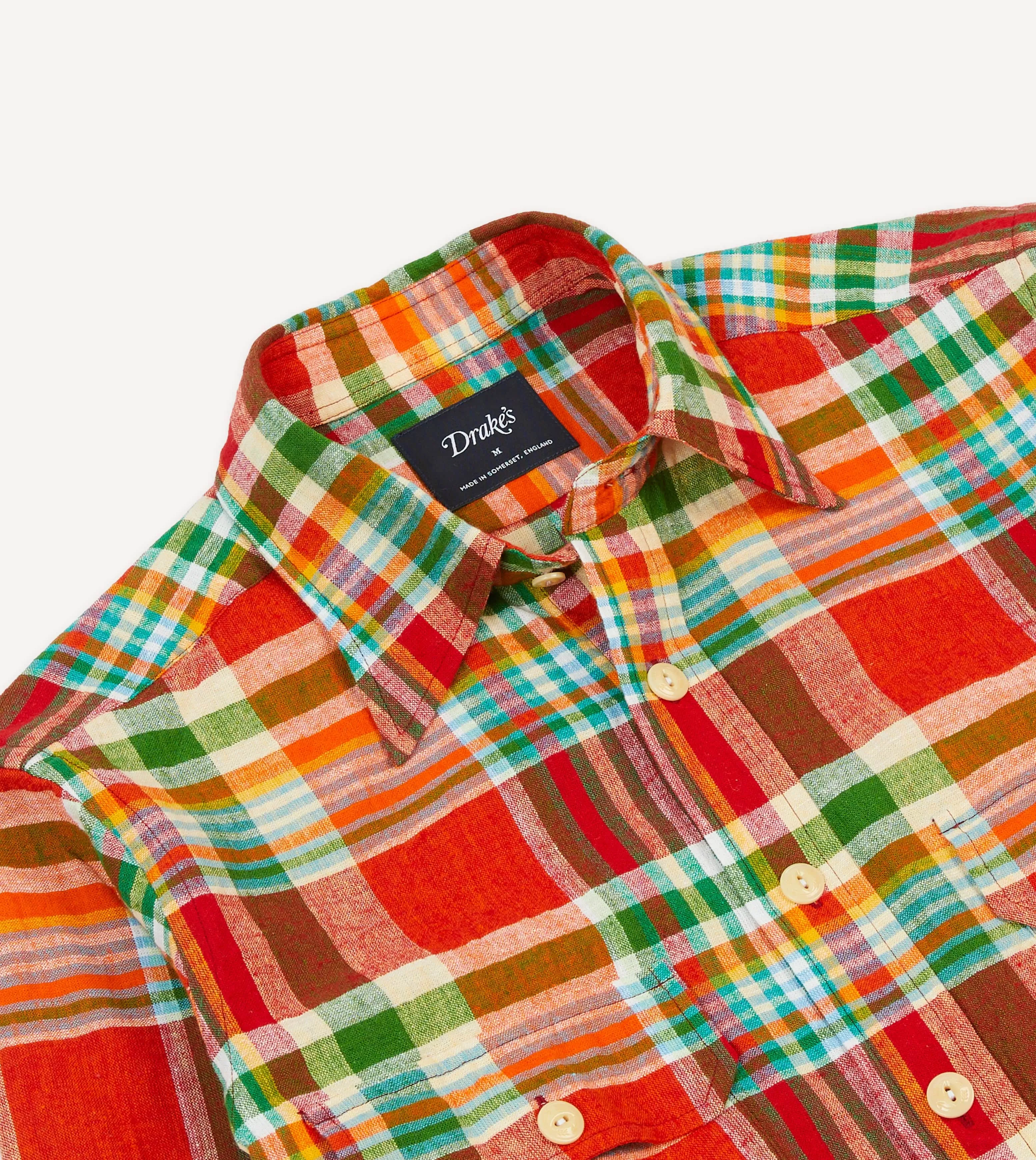 Red and Green Madras Check Cotton-Linen Two-Pocket Work Shirt Eco Friendly Material
