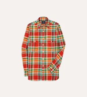 Red and Green Madras Check Cotton-Linen Two-Pocket Work Shirt Ergonomic Sleeve Cut Sustainable Dye Process