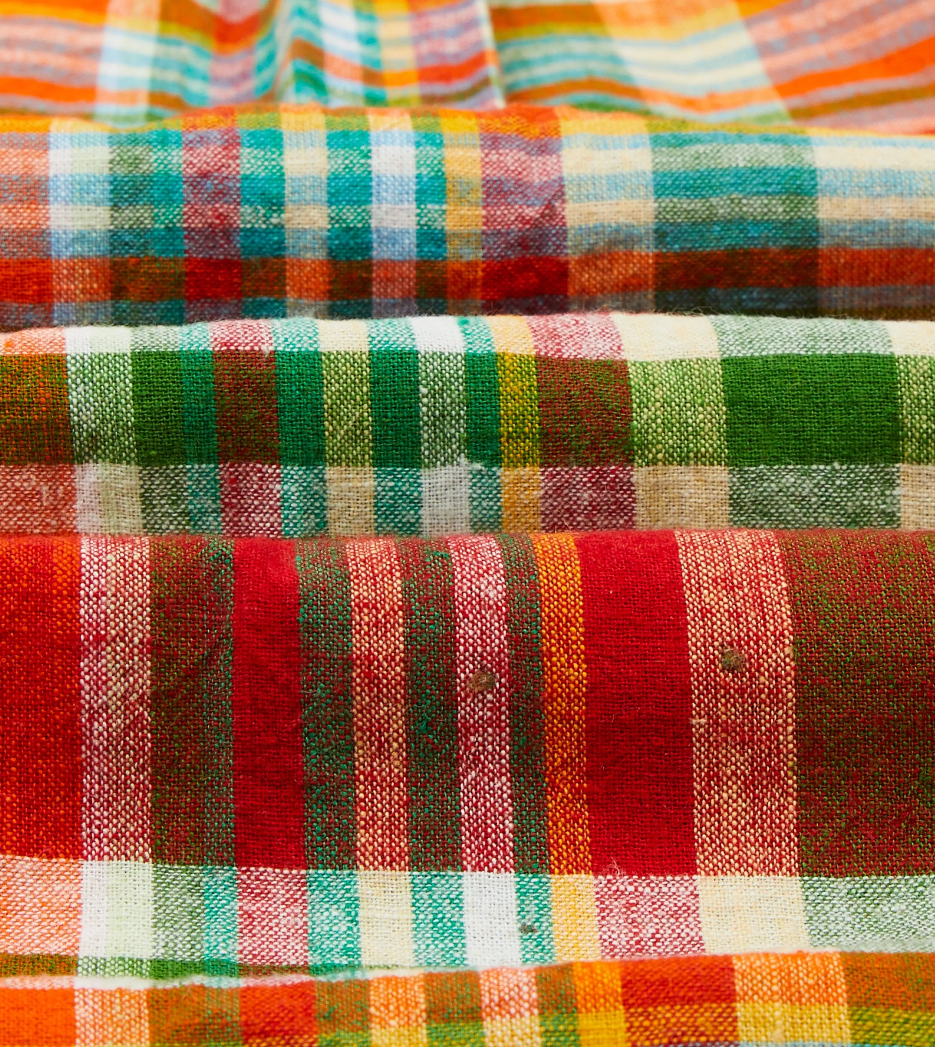 Red and Green Madras Check Cotton-Linen Two-Pocket Work Shirt Monochrome Palette