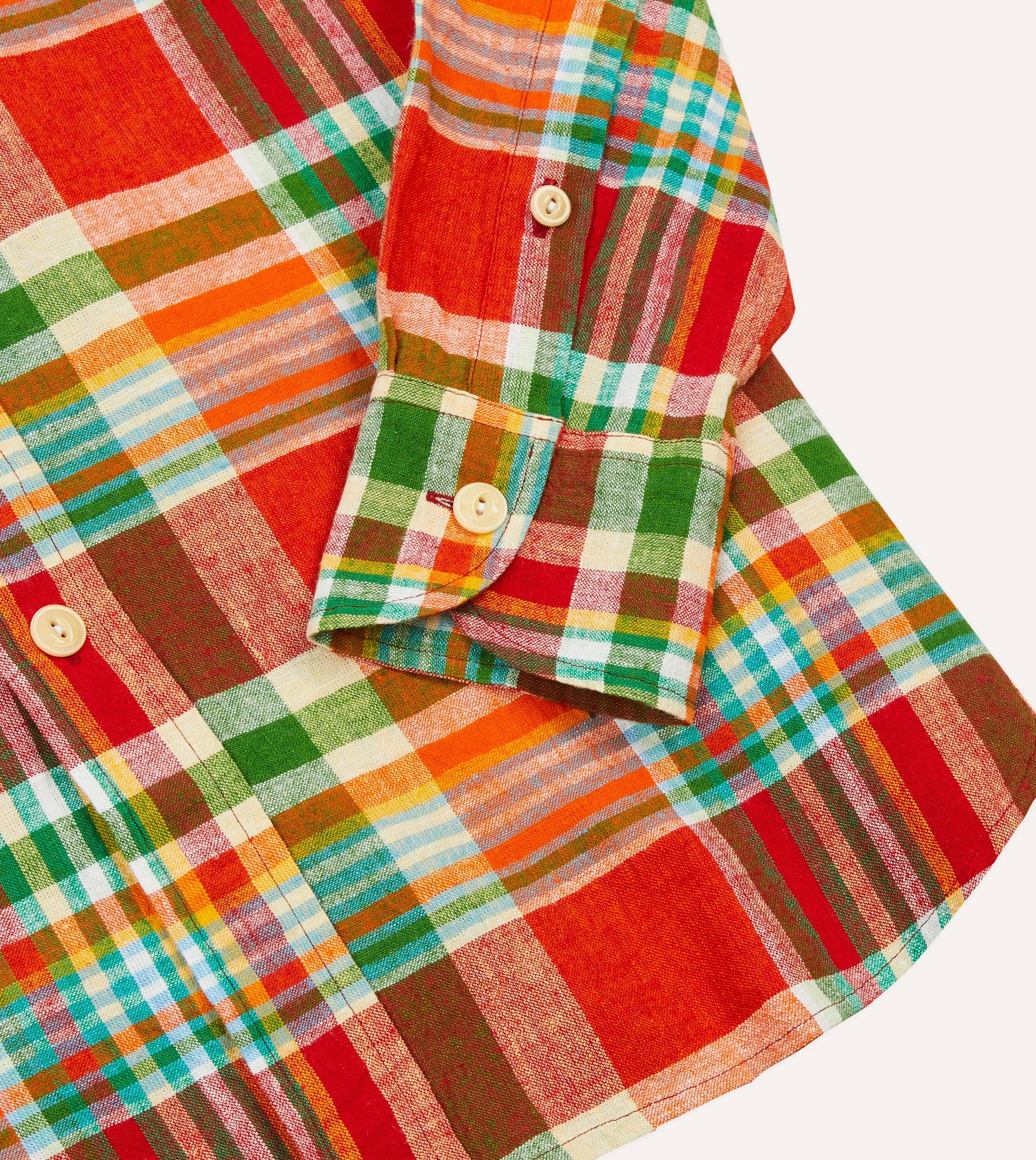 Red and Green Madras Check Cotton-Linen Two-Pocket Work Shirt Smooth Stitch Pattern