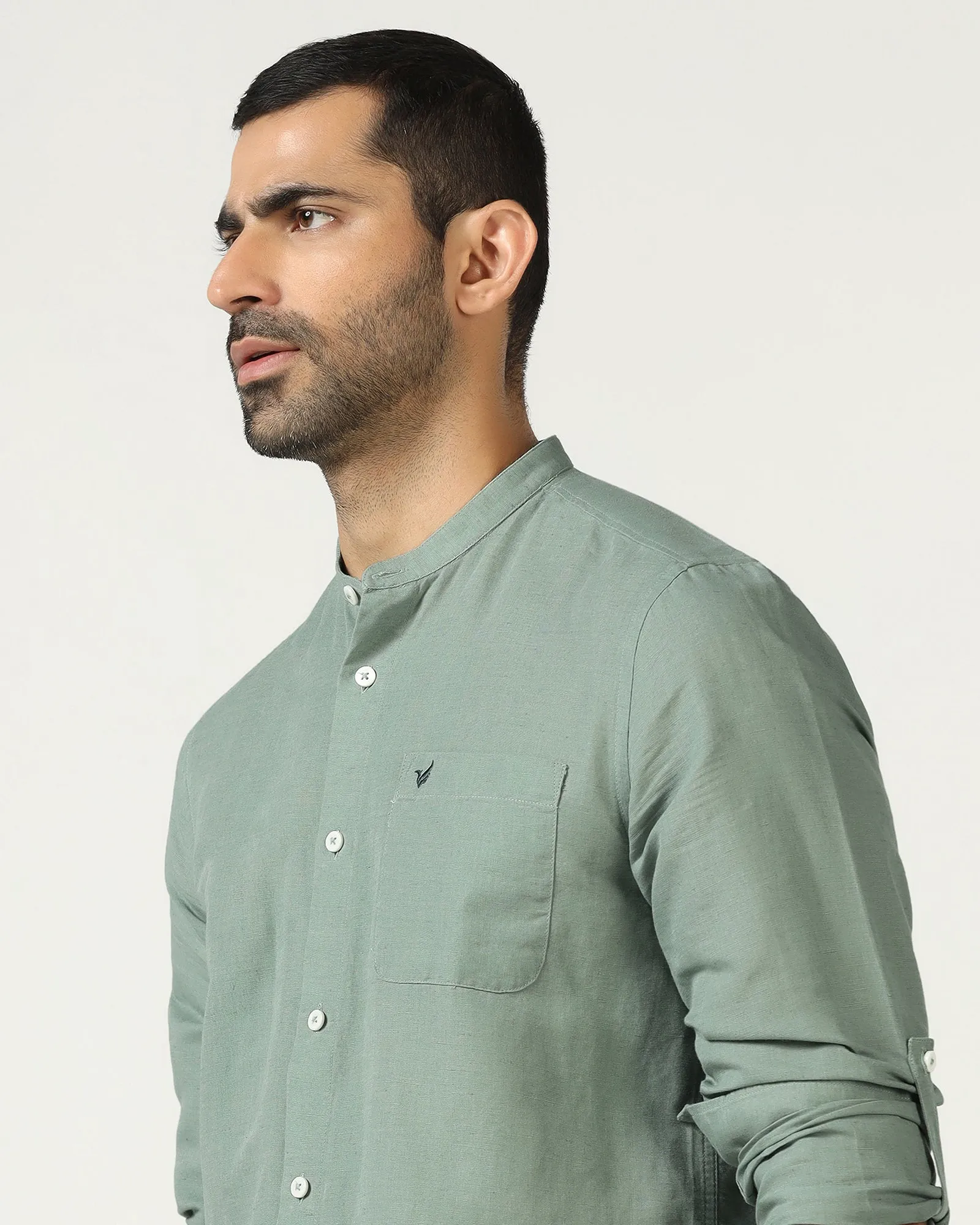 Sage Green Linen Solid Shirt - Salmon Mountain Escape