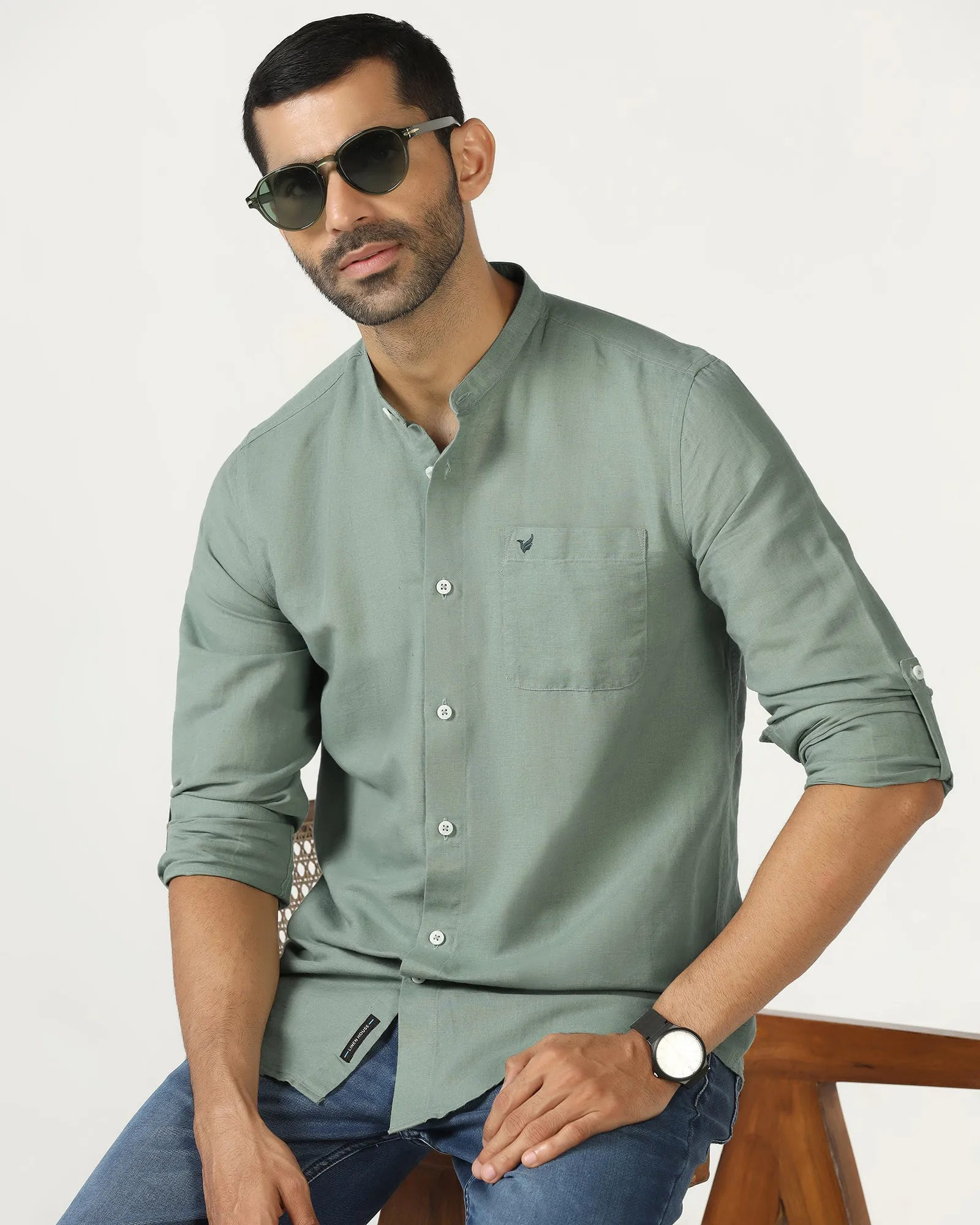 Sage Green Linen Solid Shirt - Salmon Corporate Wear Hooded Neckline