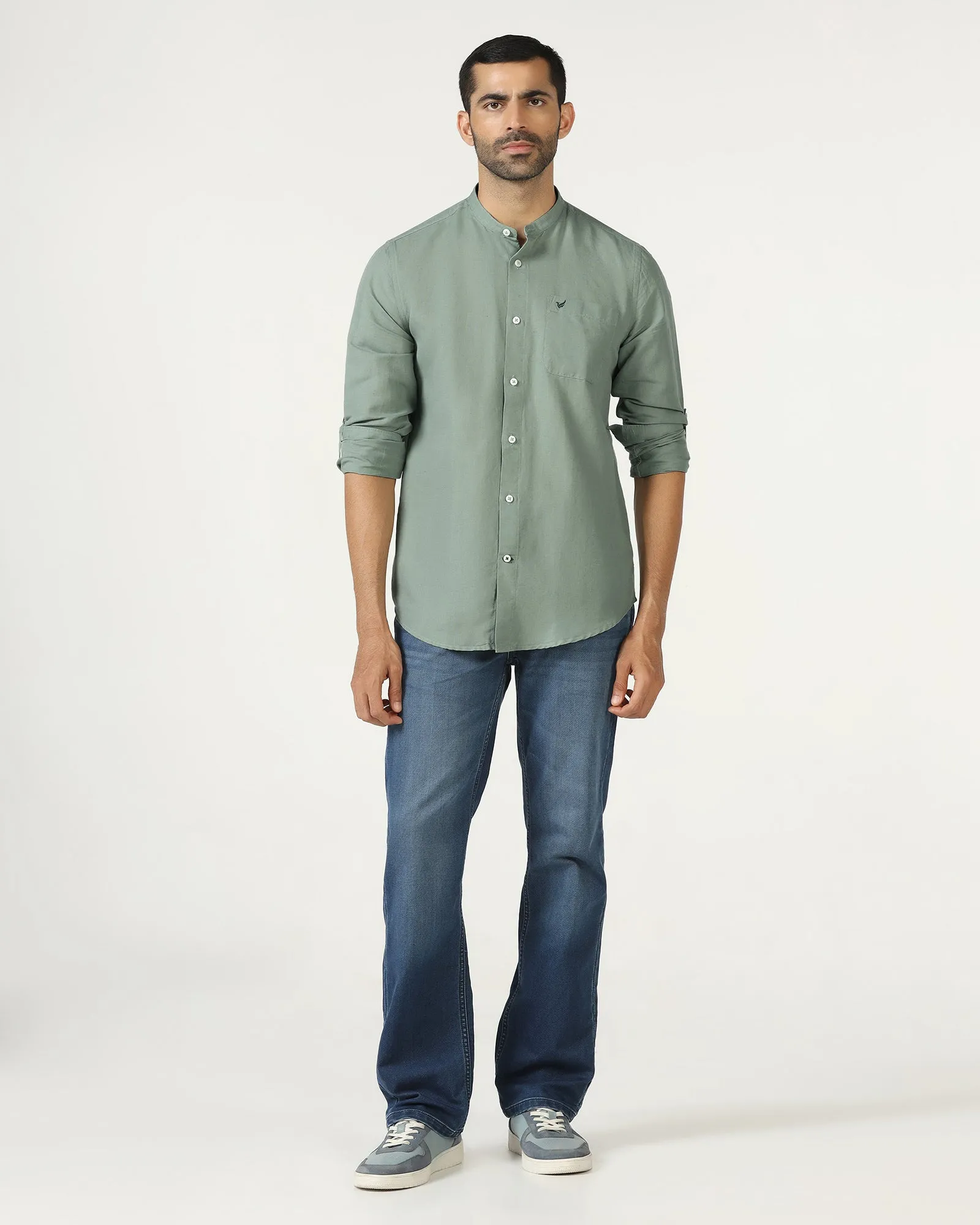 Sage Green Linen Solid Shirt - Salmon Easy Care Material Mesh Insert