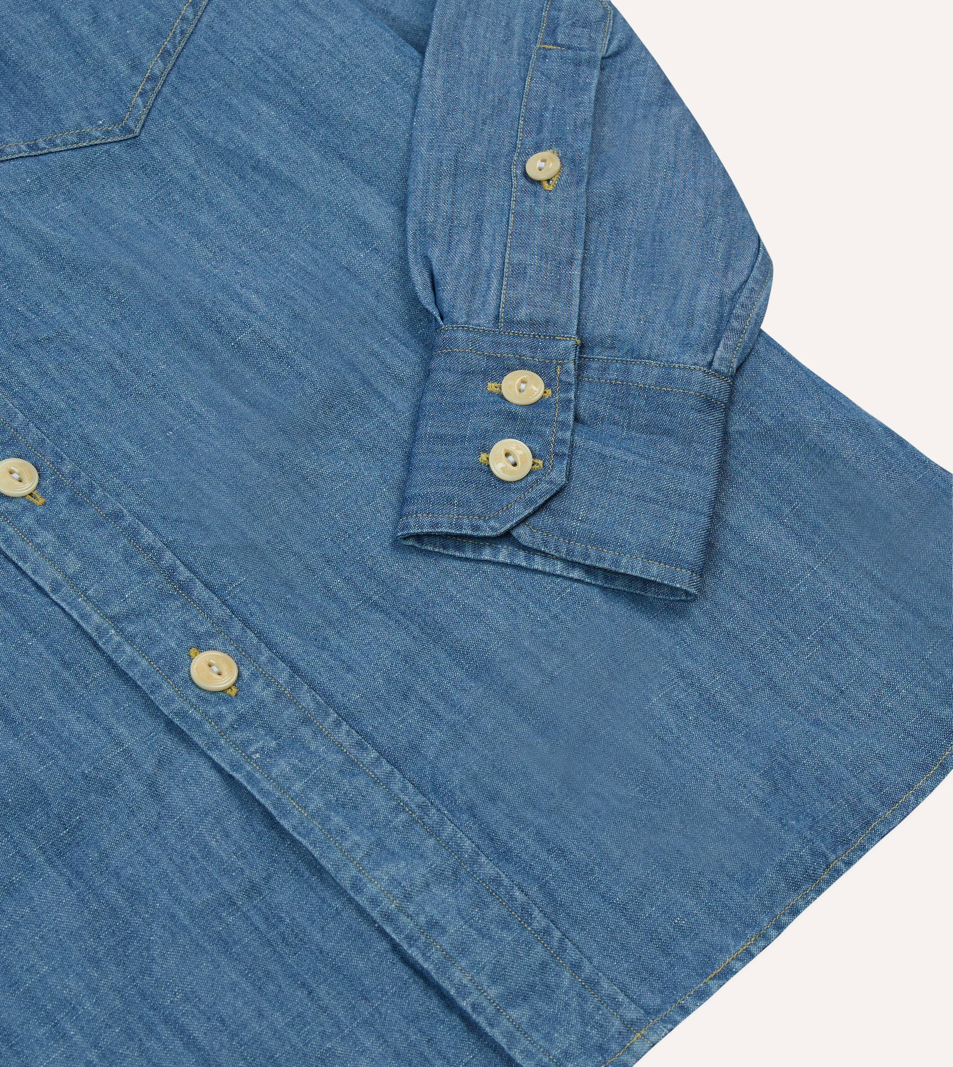 Stone Wash Cotton-Linen Long Point Collar Work Shirt Ventilated Back Panel Non-irritating