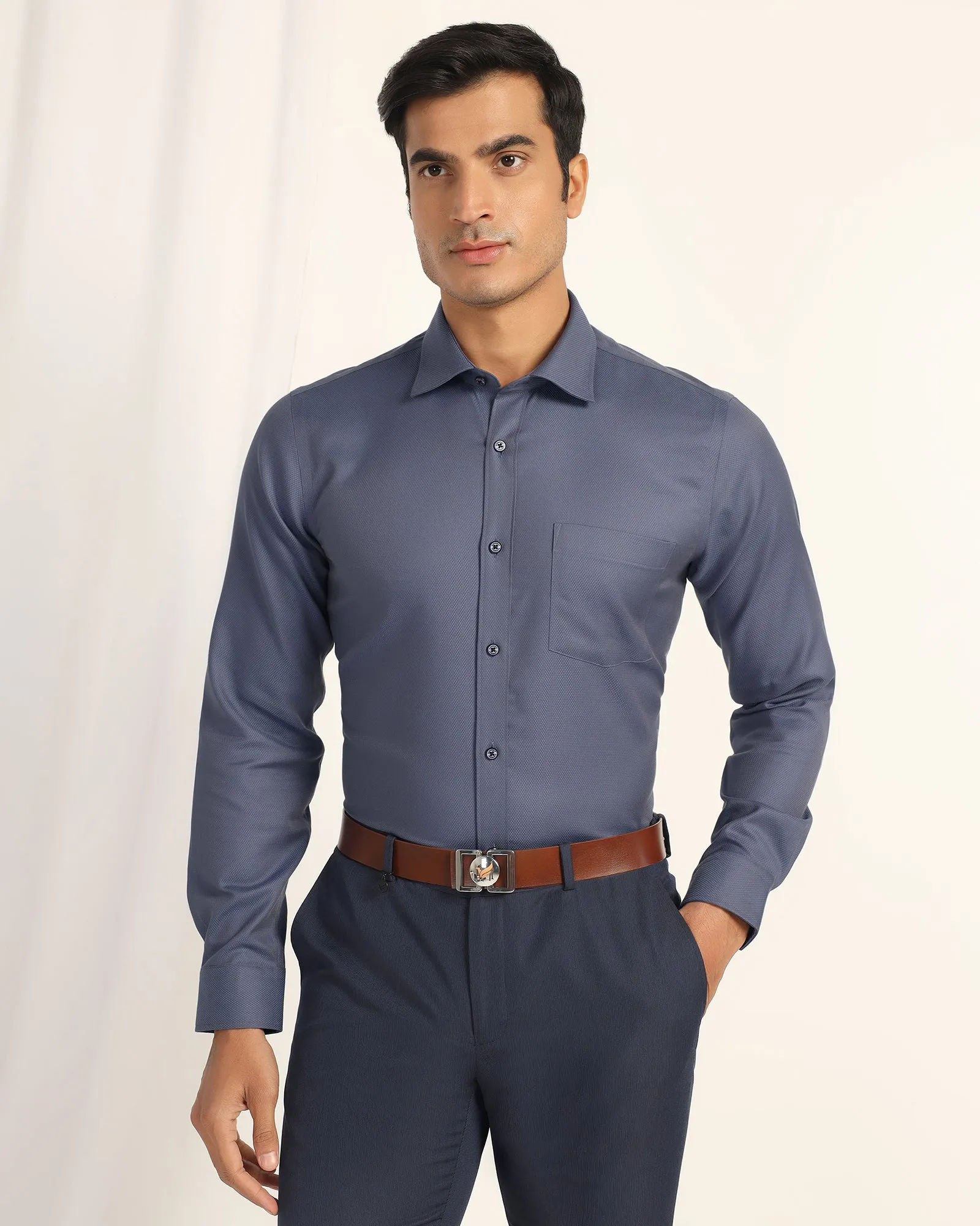 Lightweight Comfort Non Iron Formal Mid Blue Textured Shirt - Bridge