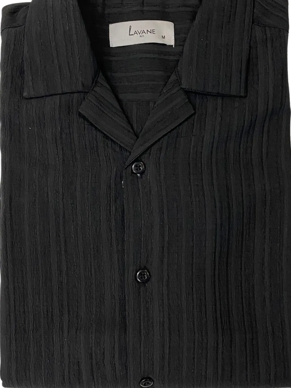 Lavane Mens Black Textured Short Sleeve Button-Up Polo Casual Shirt Recycled Polyester Mix Moisture control