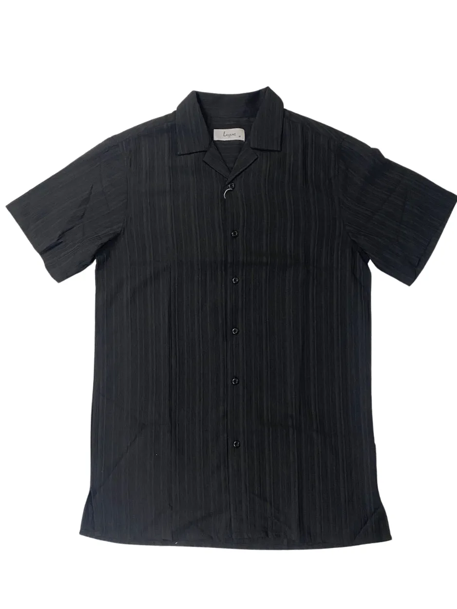 Double Layer Shoulder Lavane Mens Black Textured Short Sleeve Button-Up Polo Casual Shirt
