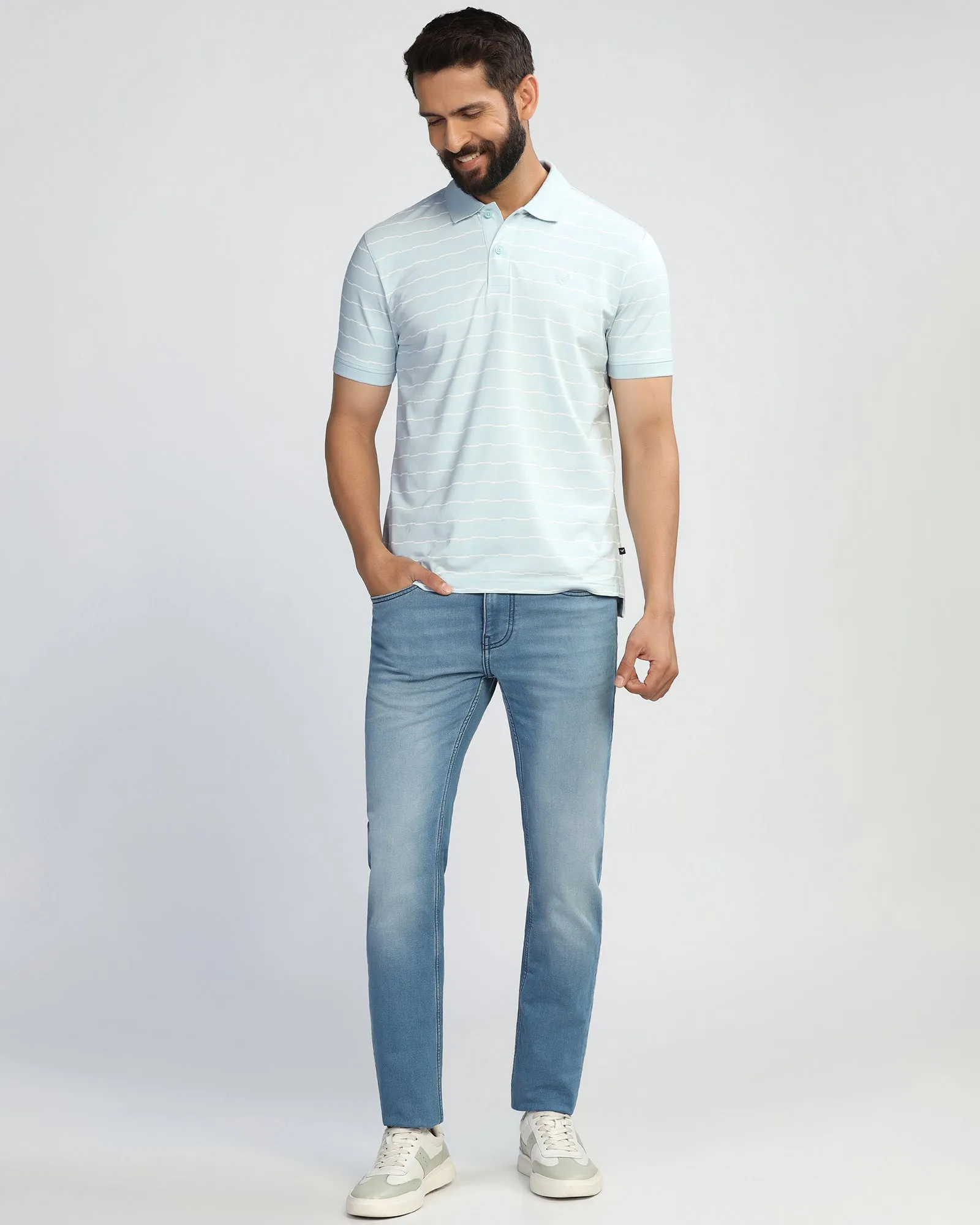 Tapered Armhole Design Polo Sky Blue Stripe T-Shirt - Sail
