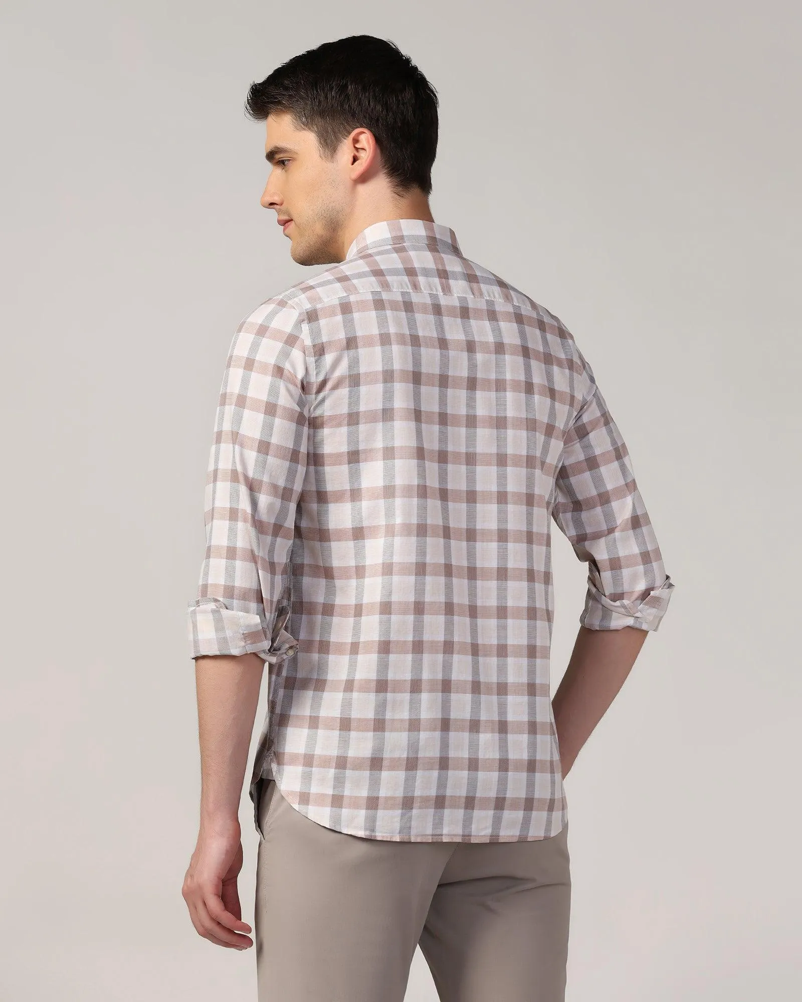 Performance Fabric Contrast Stitch Casual Beige Check Shirt - Autumn