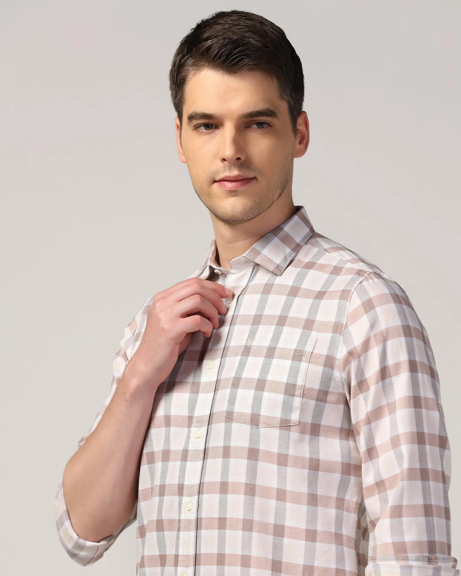 Wrinkle Resistant Workwear Essential Casual Beige Check Shirt - Autumn