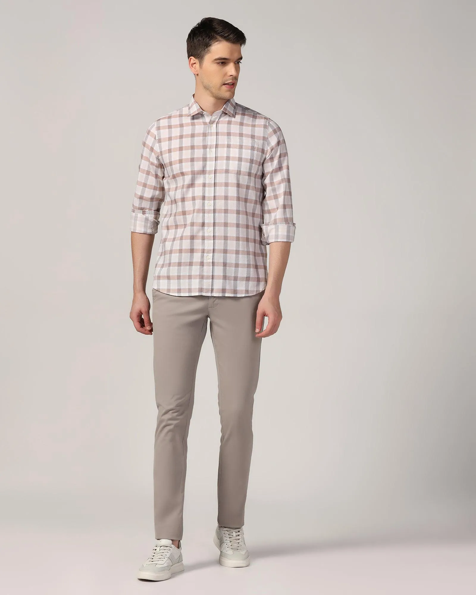 Casual Beige Check Shirt - Autumn Fitted Design Lace Accent